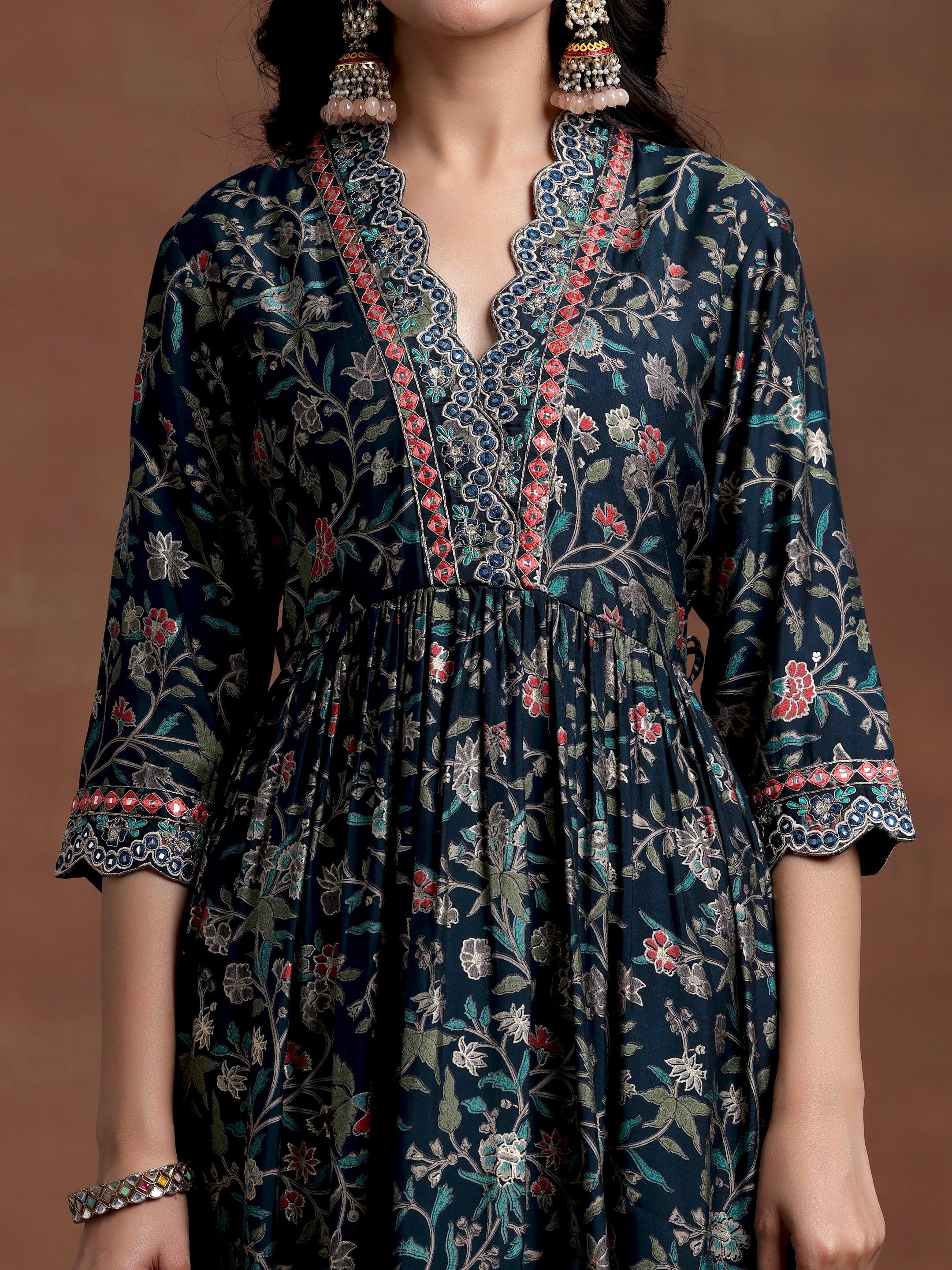 Blue Printed Silk Blend A-Line Kurta With Palazzos & Dupatta