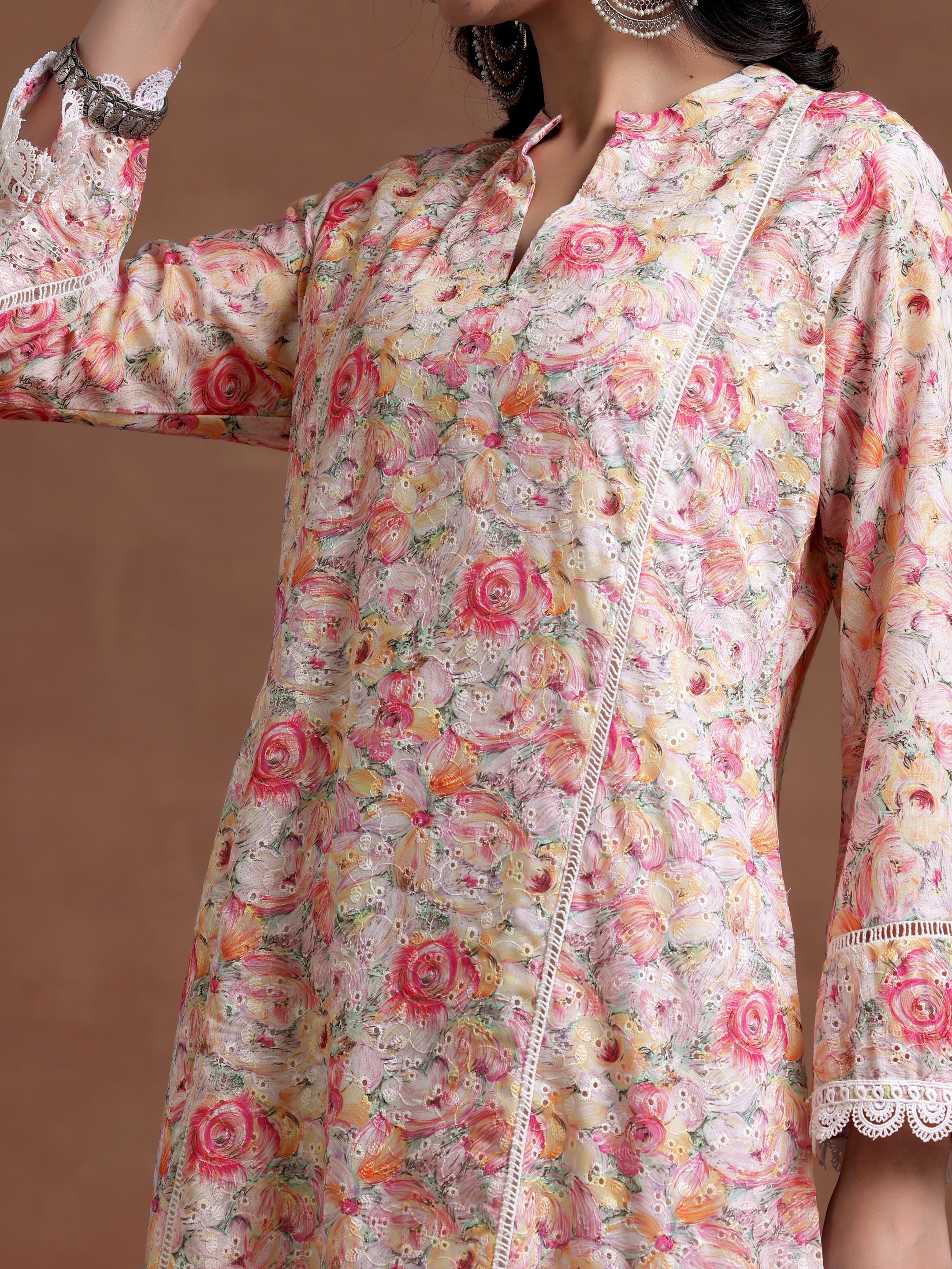 Multi Printed Cotton A-Line Kurta With Palazzos