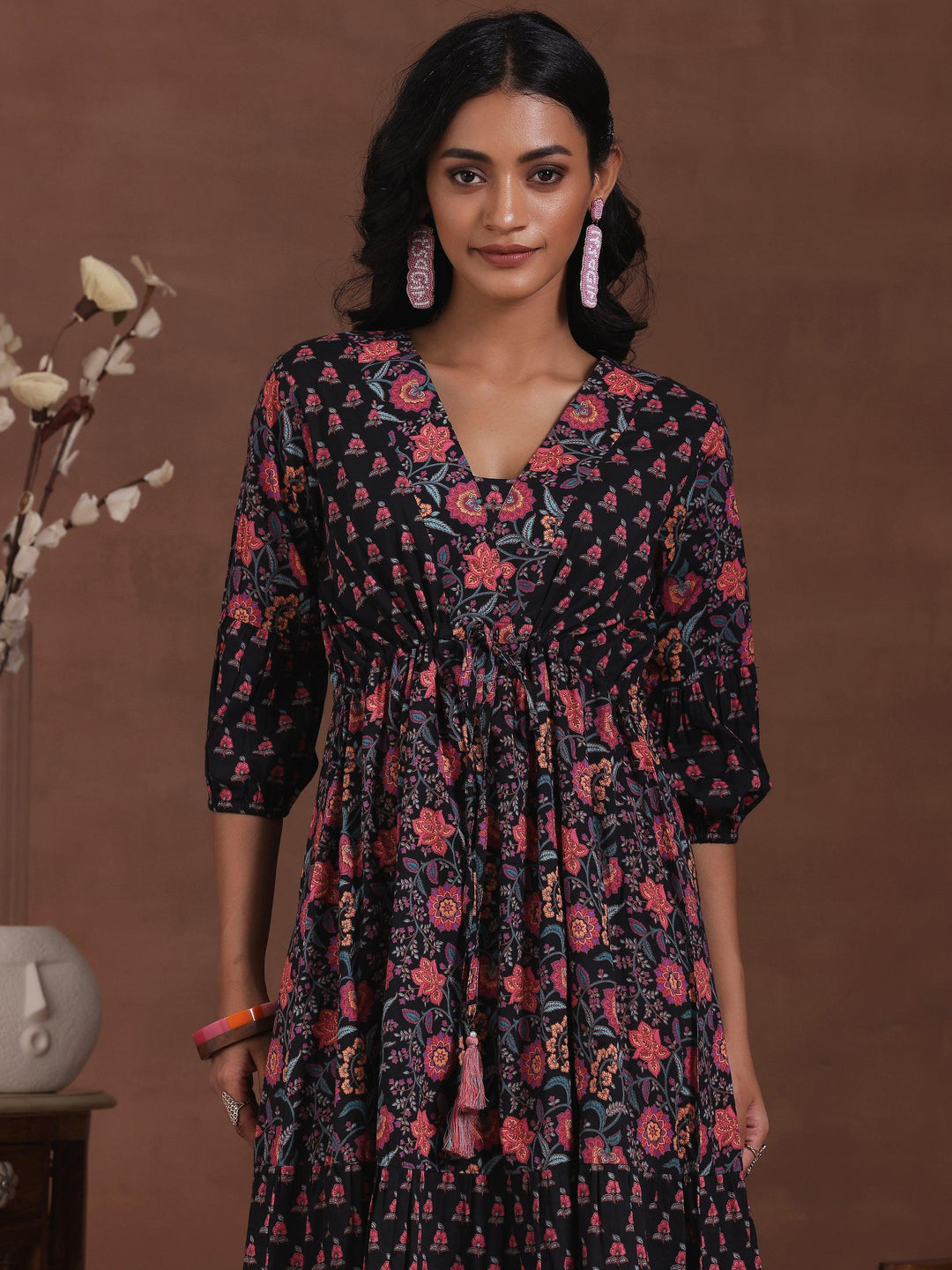 Black Printed Cotton A-Line Dress - Libas