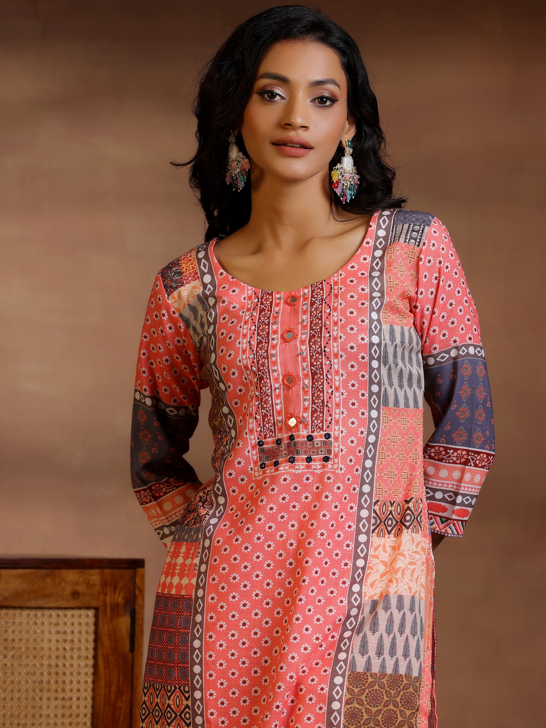 Multicoloured Printed Linen Straight Suit With Dupatta