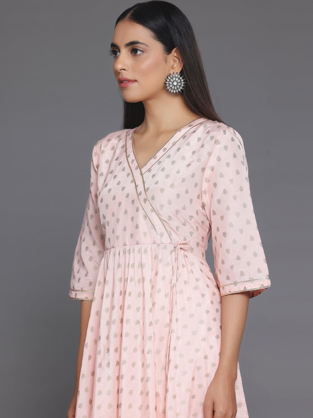 Peach Printed Silk Blend Anarkali Kurta Set