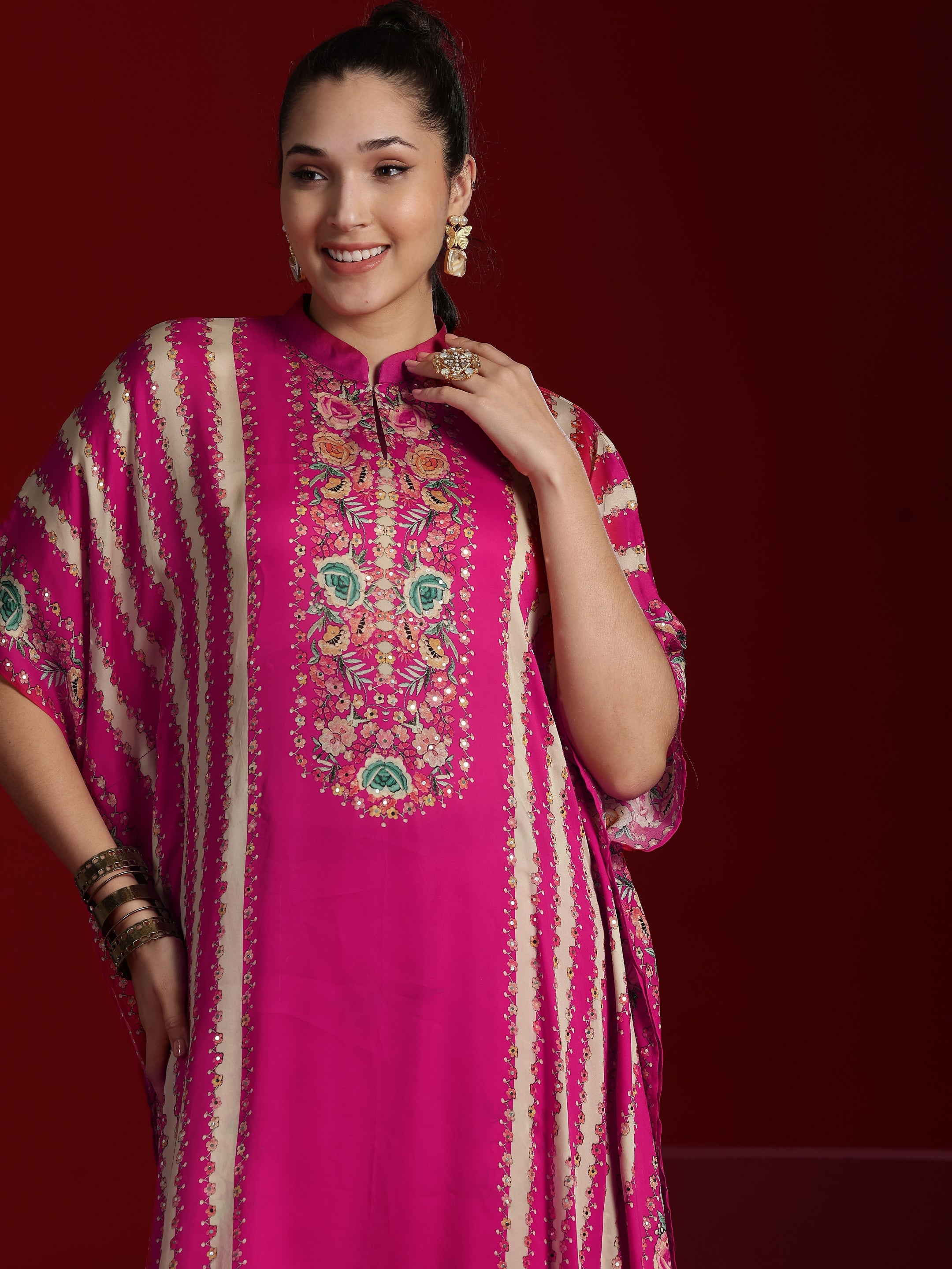 Libas Art Pink Printed Silk Blend Kaftan Kurta With Palazzo