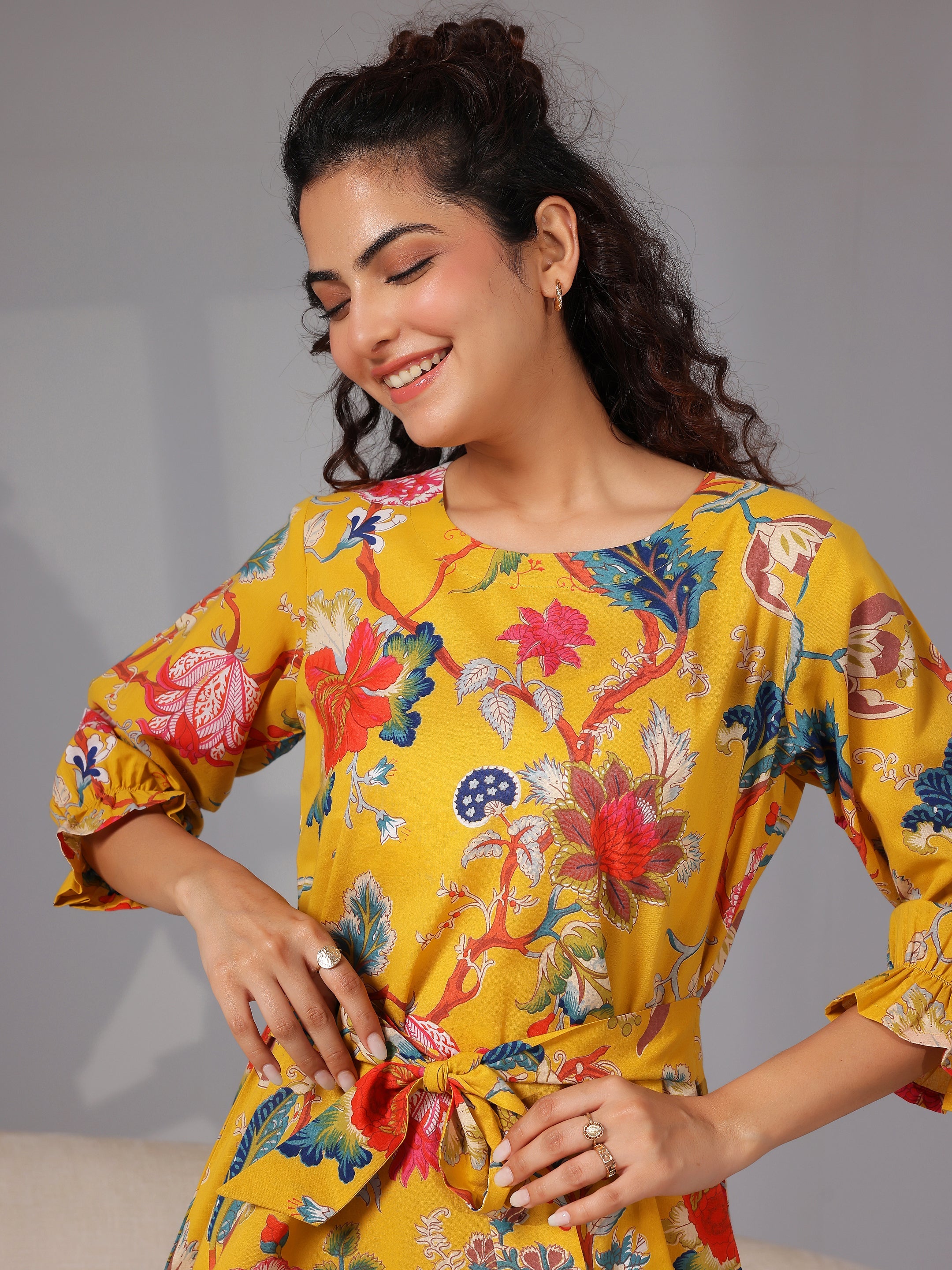 Mustard Printed Cotton Night Suits