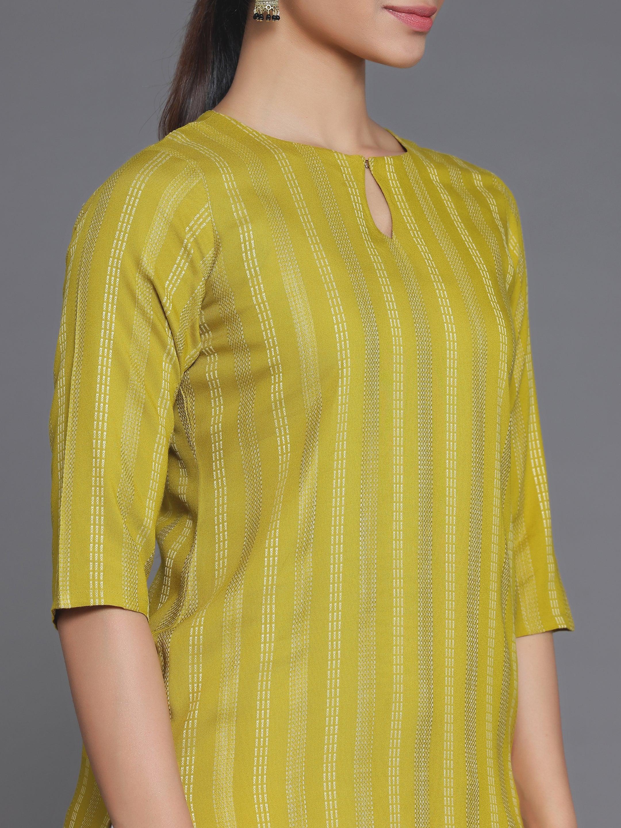 Mustard Striped Rayon Straight Kurta