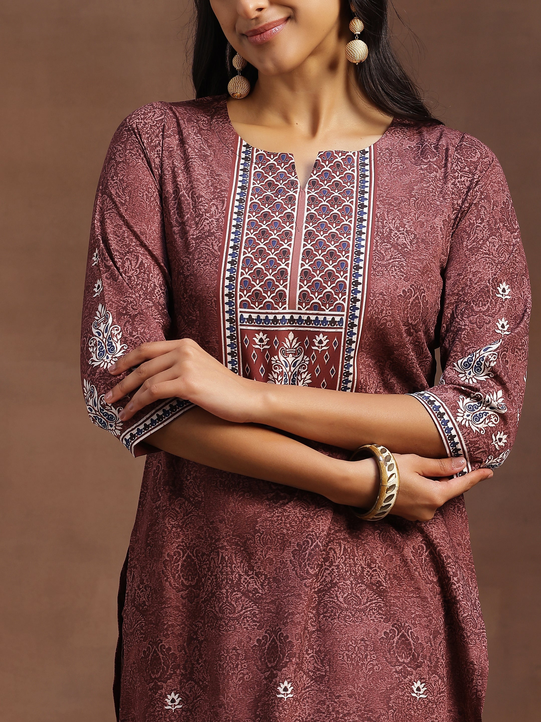 Brown Printed Poly Crepe Straight Kurta With Trousers