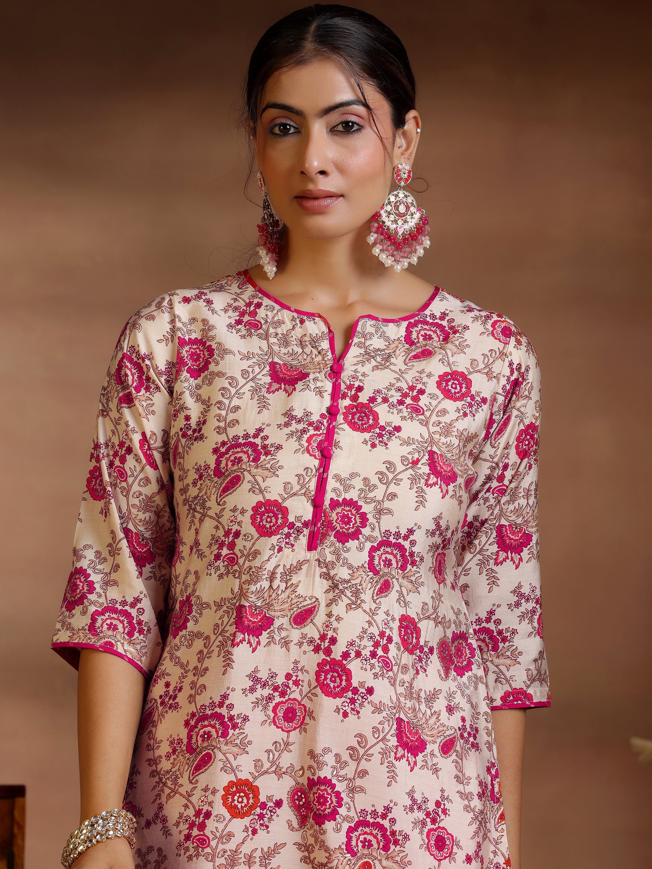 Pink Printed Silk Blend Straight Suits With Dupatta