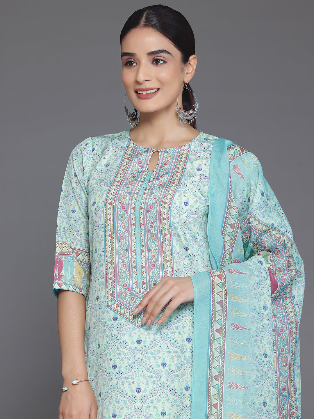 Green Printed Poly Crepe Straight Suit With Dupatta