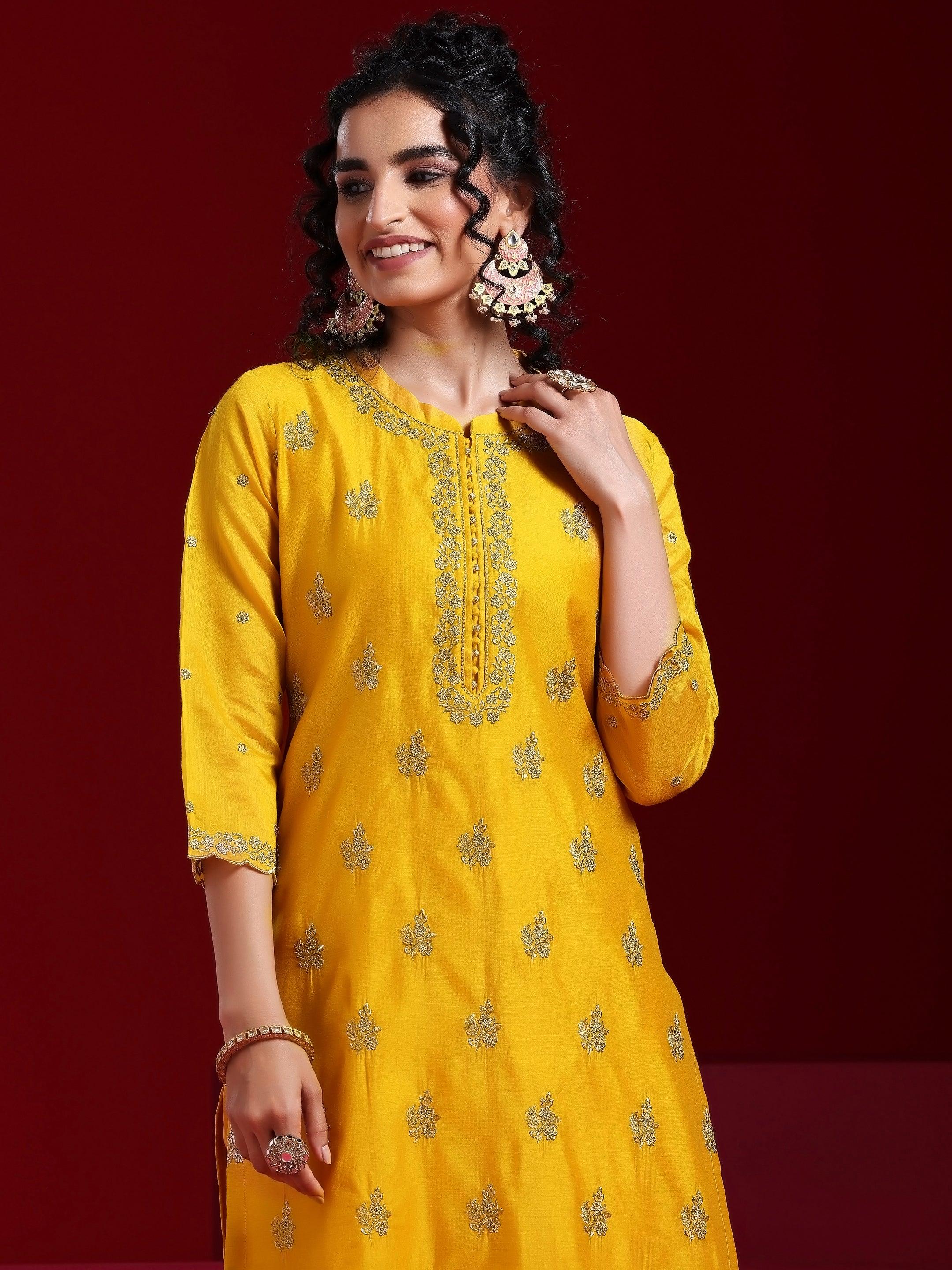 Libas Art Mustard Embroidered Chanderi Silk Straight Suit With Dupatta