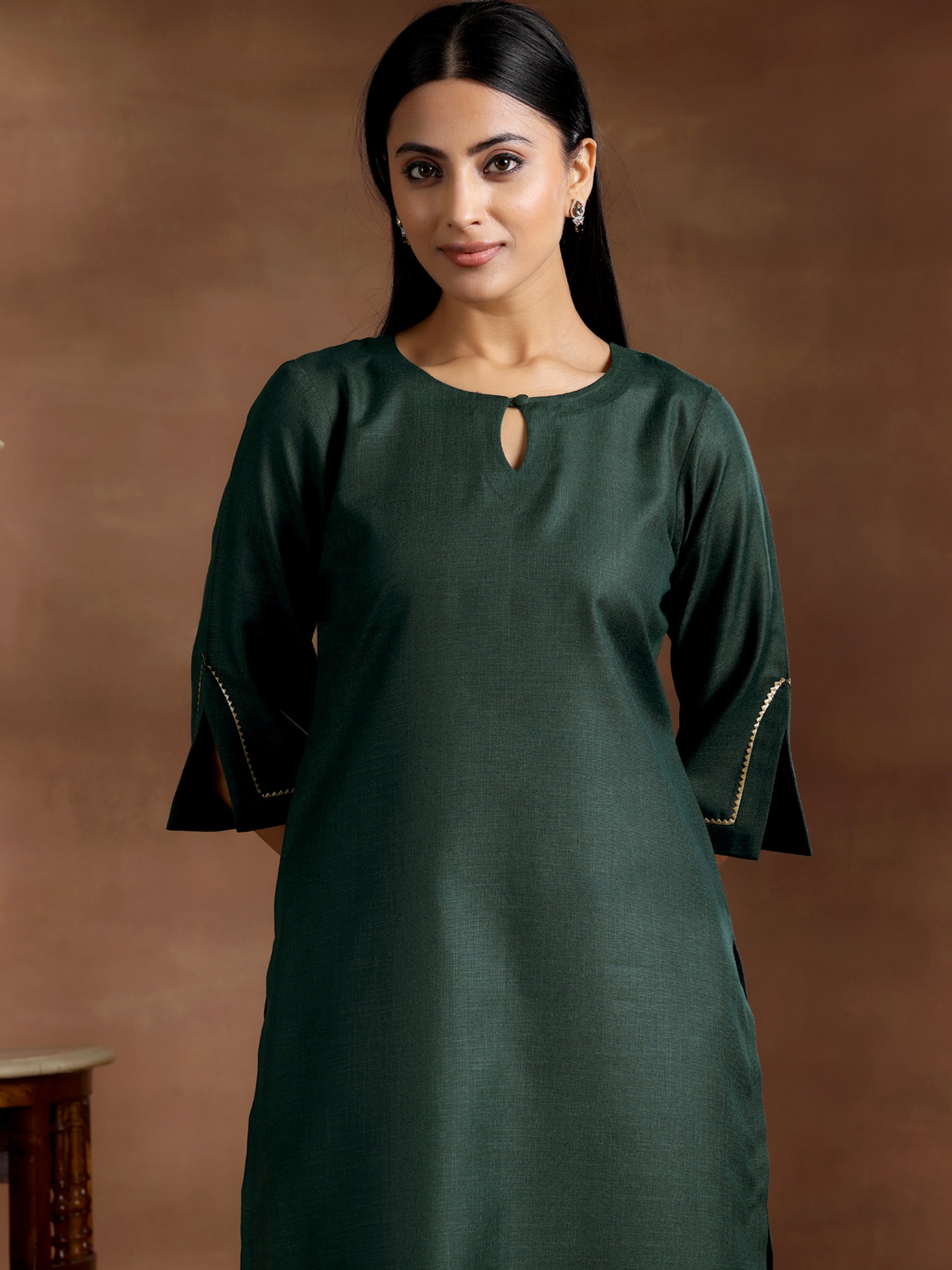 Green Solid Silk Straight Kurta