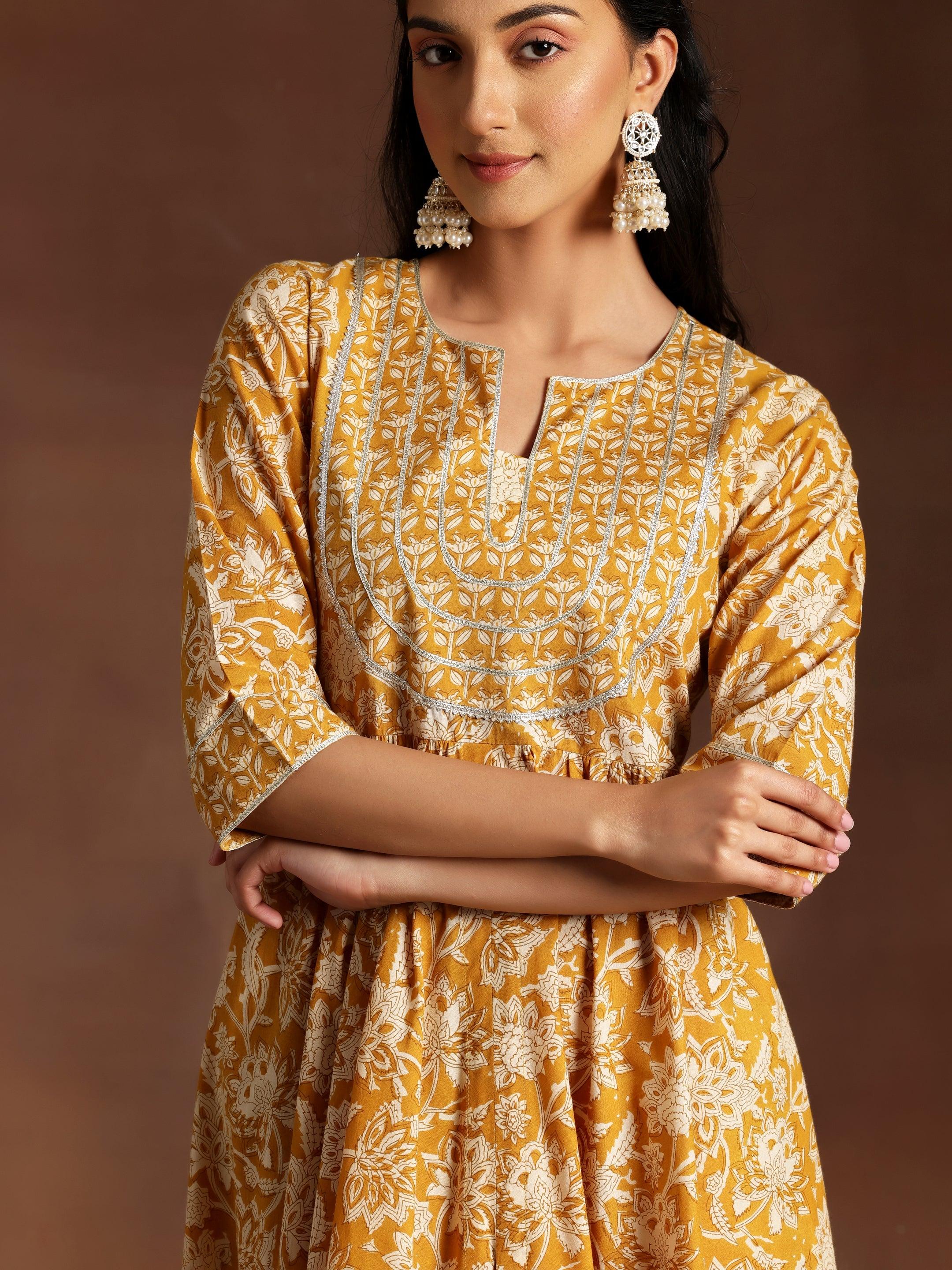 Mustard Printed Cotton Anarkali Suit With Dupatta