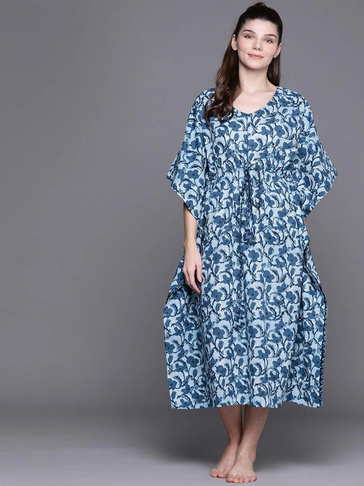 Blue Cotton Printed Kaftan Nightdress - ShopLibas