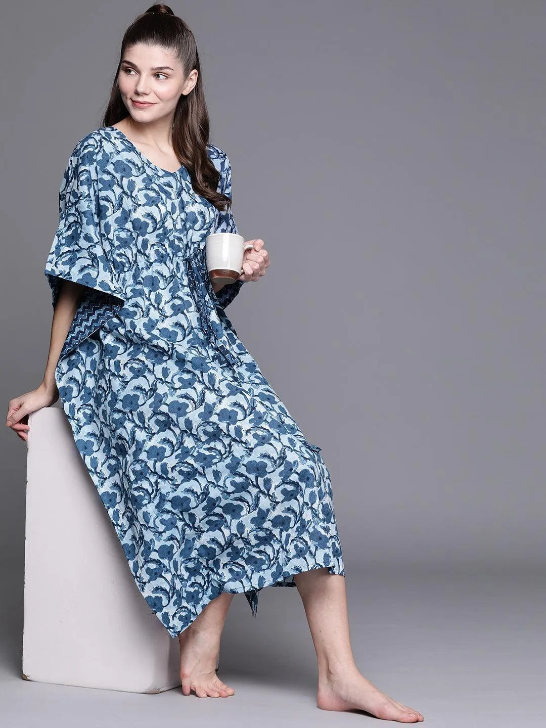 Blue Cotton Printed Kaftan Nightdress - ShopLibas