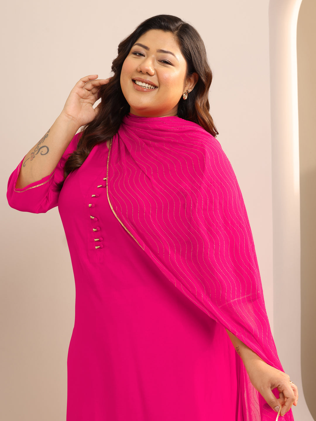 Plus Size Pink Solid Silk Blend Straight Suit Set With Dupatta