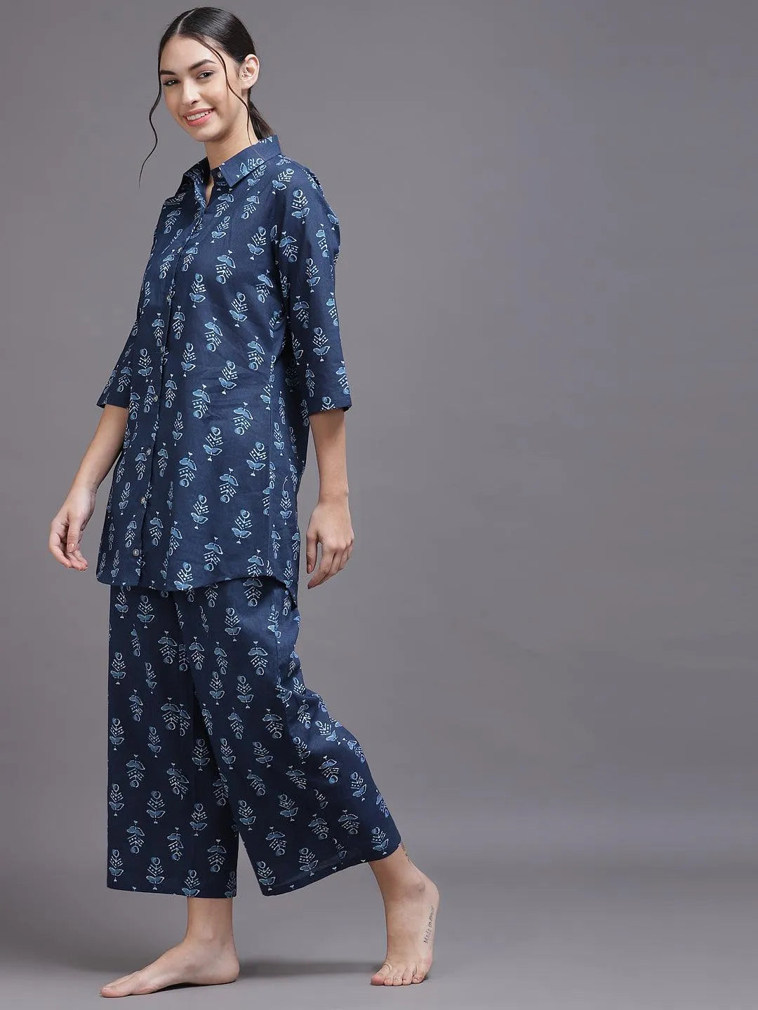 Blue Printed Rayon Night Suit - ShopLibas