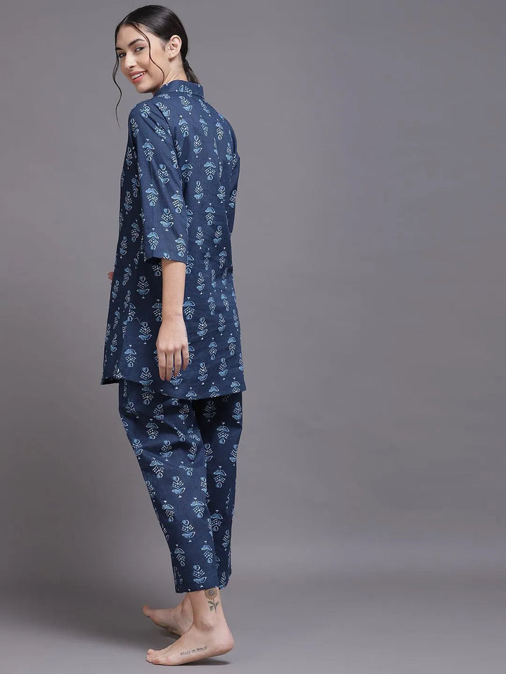 Blue Printed Rayon Night Suit - ShopLibas