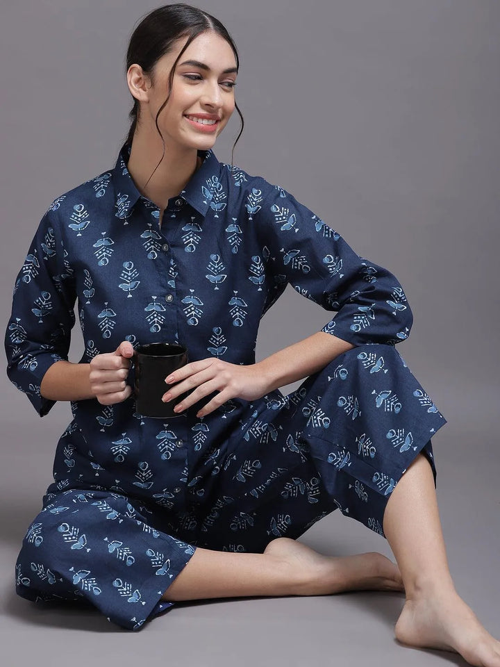 Blue Printed Rayon Night Suit - ShopLibas