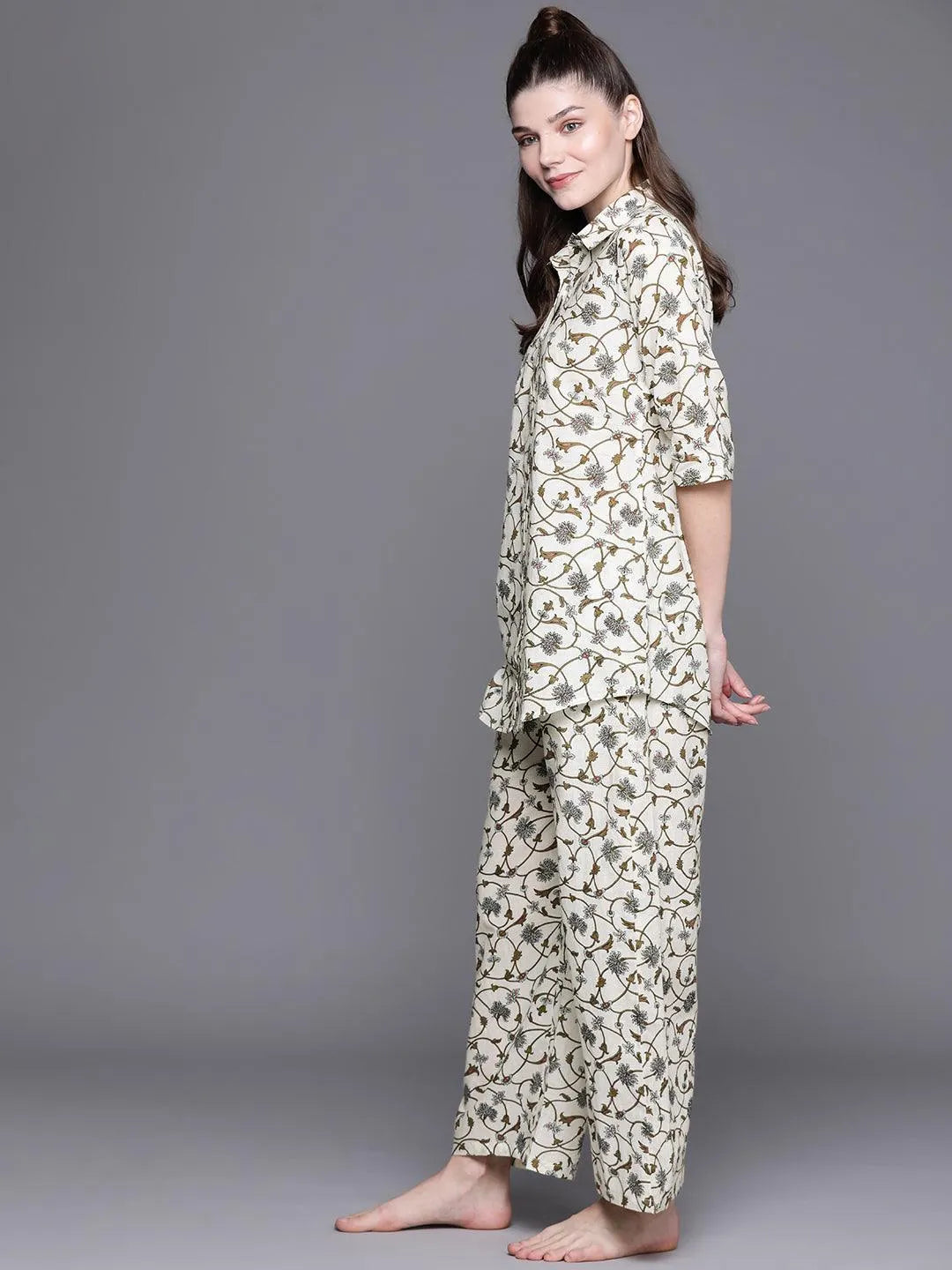 White Printed Cotton Night Suit - ShopLibas