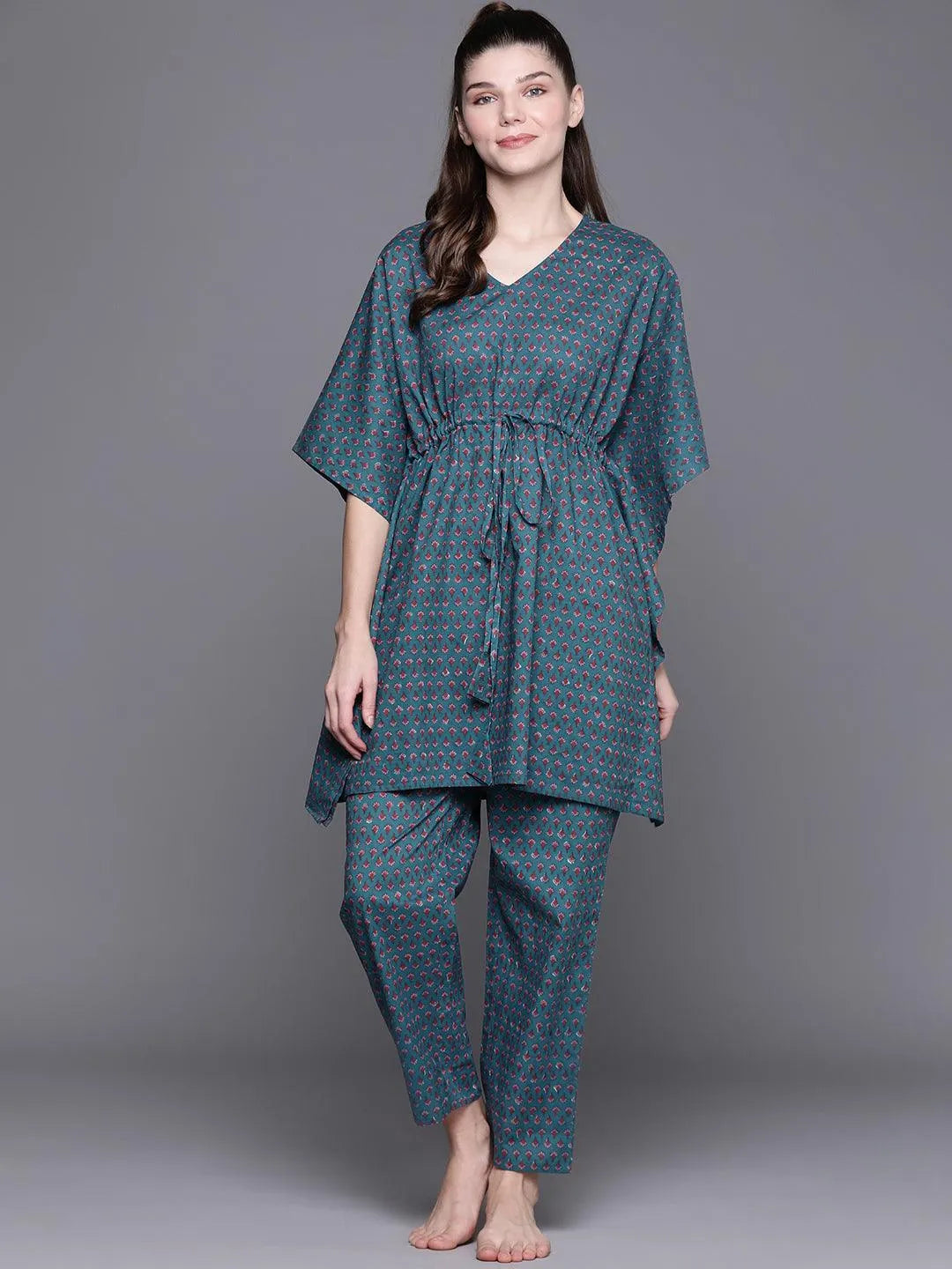 Blue Printed Cotton Night Suit - ShopLibas