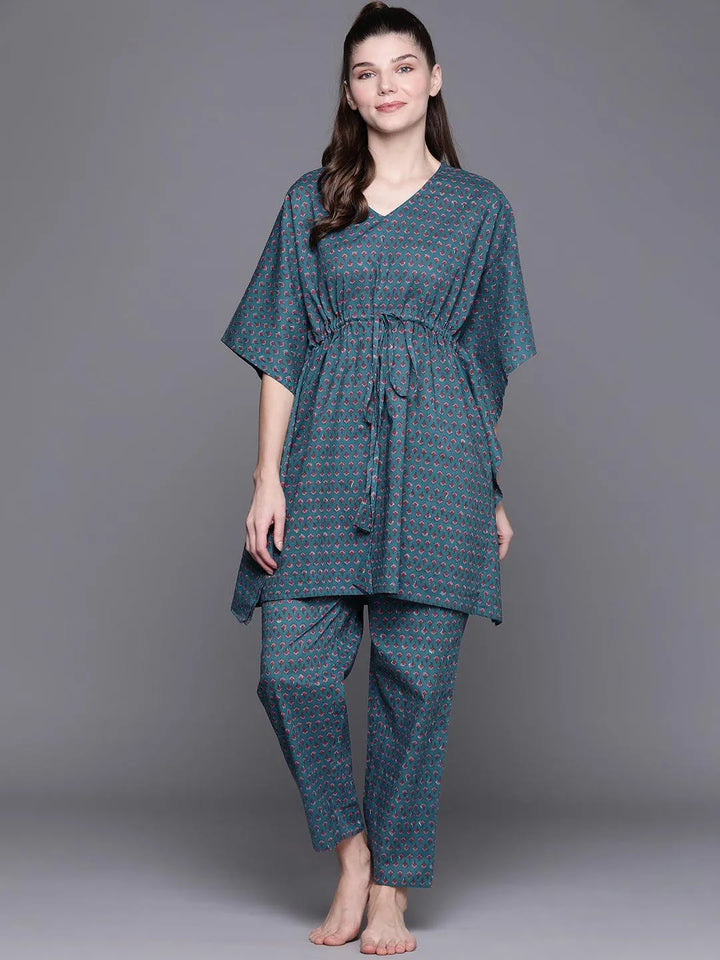 Blue Printed Cotton Night Suit - ShopLibas