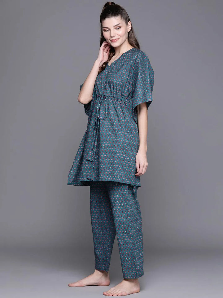 Blue Printed Cotton Night Suit - ShopLibas