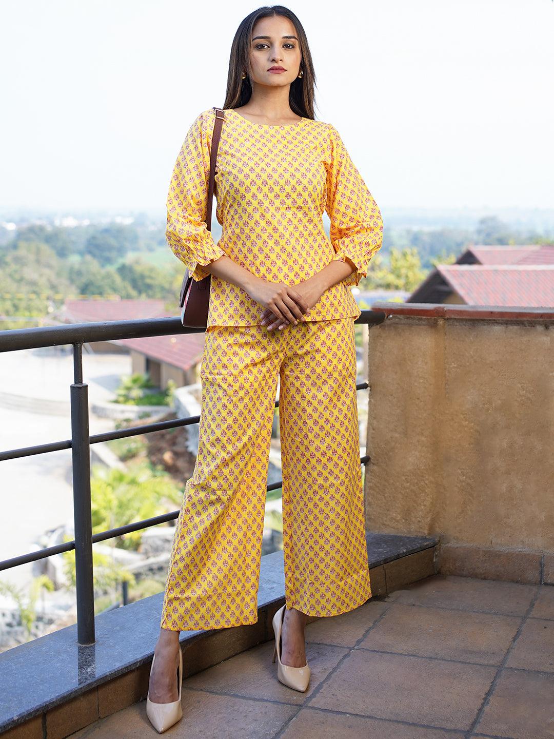 Yellow Printed Cotton Night Suit