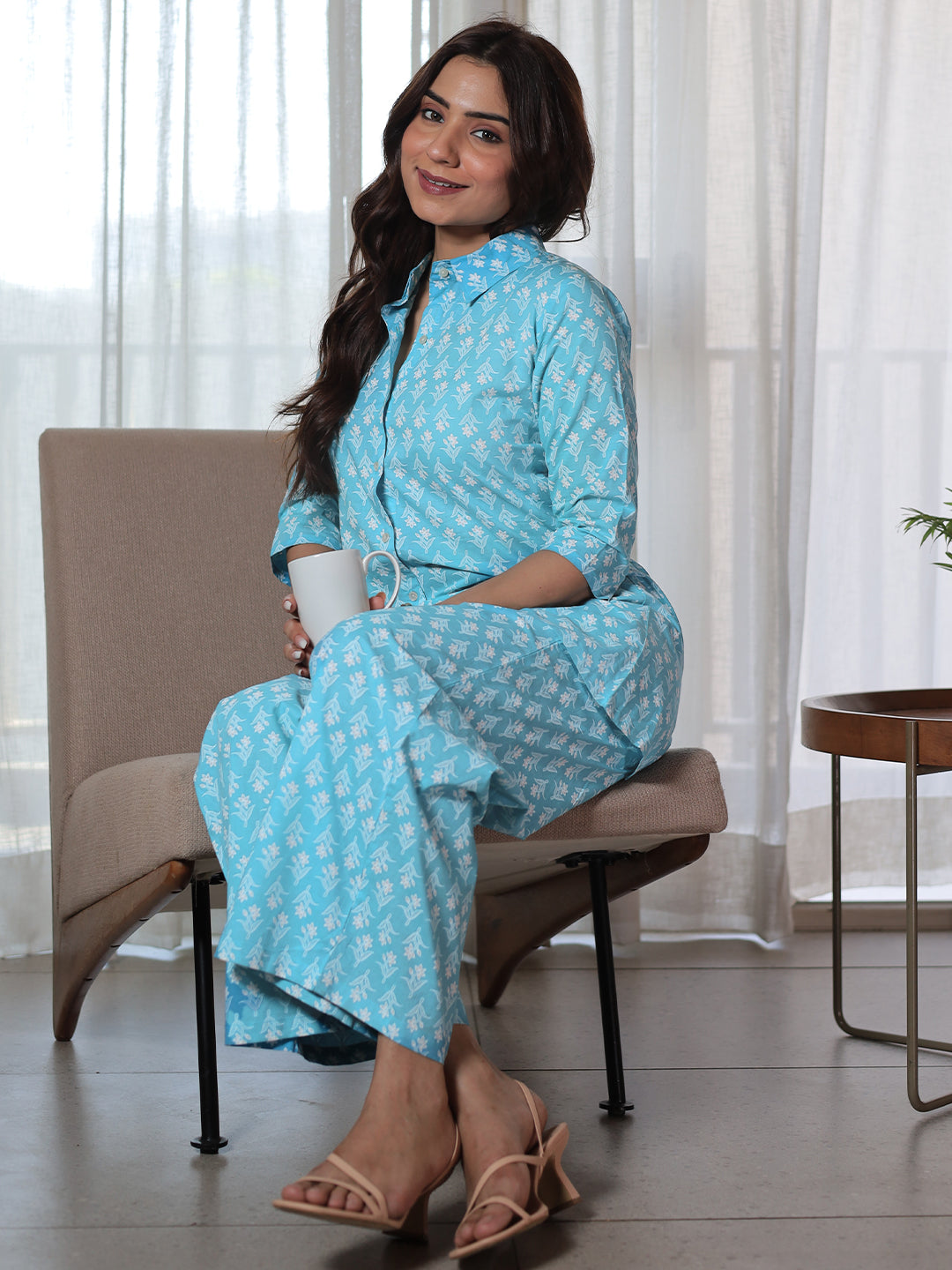 Blue Printed Cotton Night Suits