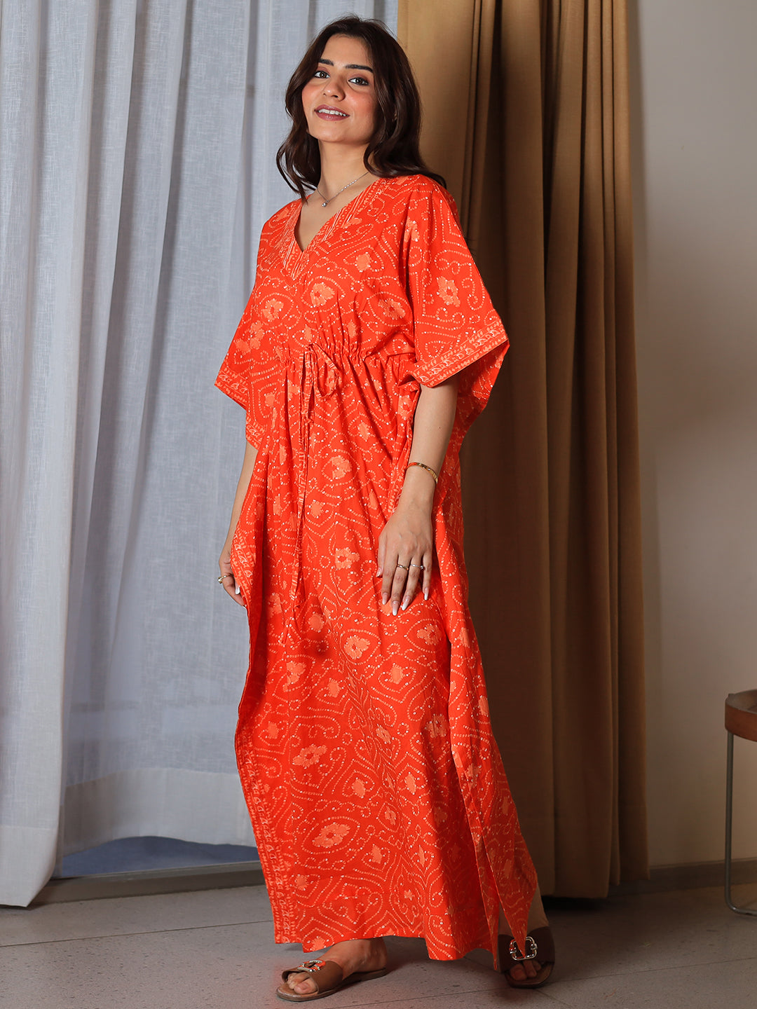 Orange Printed Cotton Kaftan Night Dress