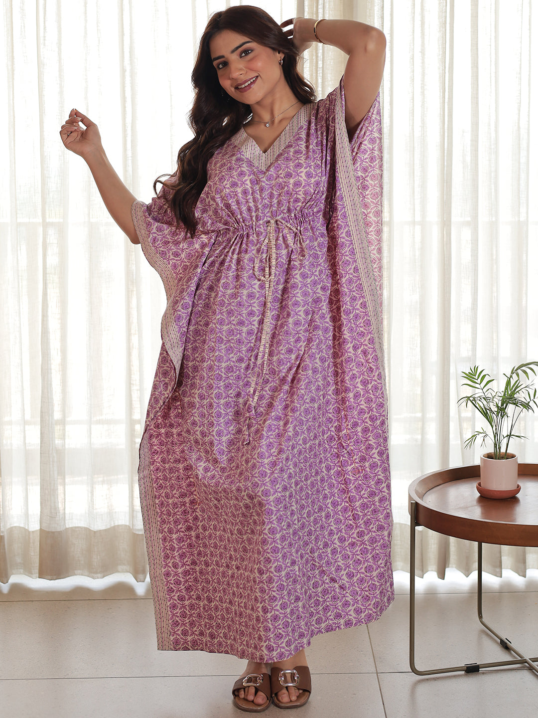 Purple Printed Cotton Kaftan Night Dress