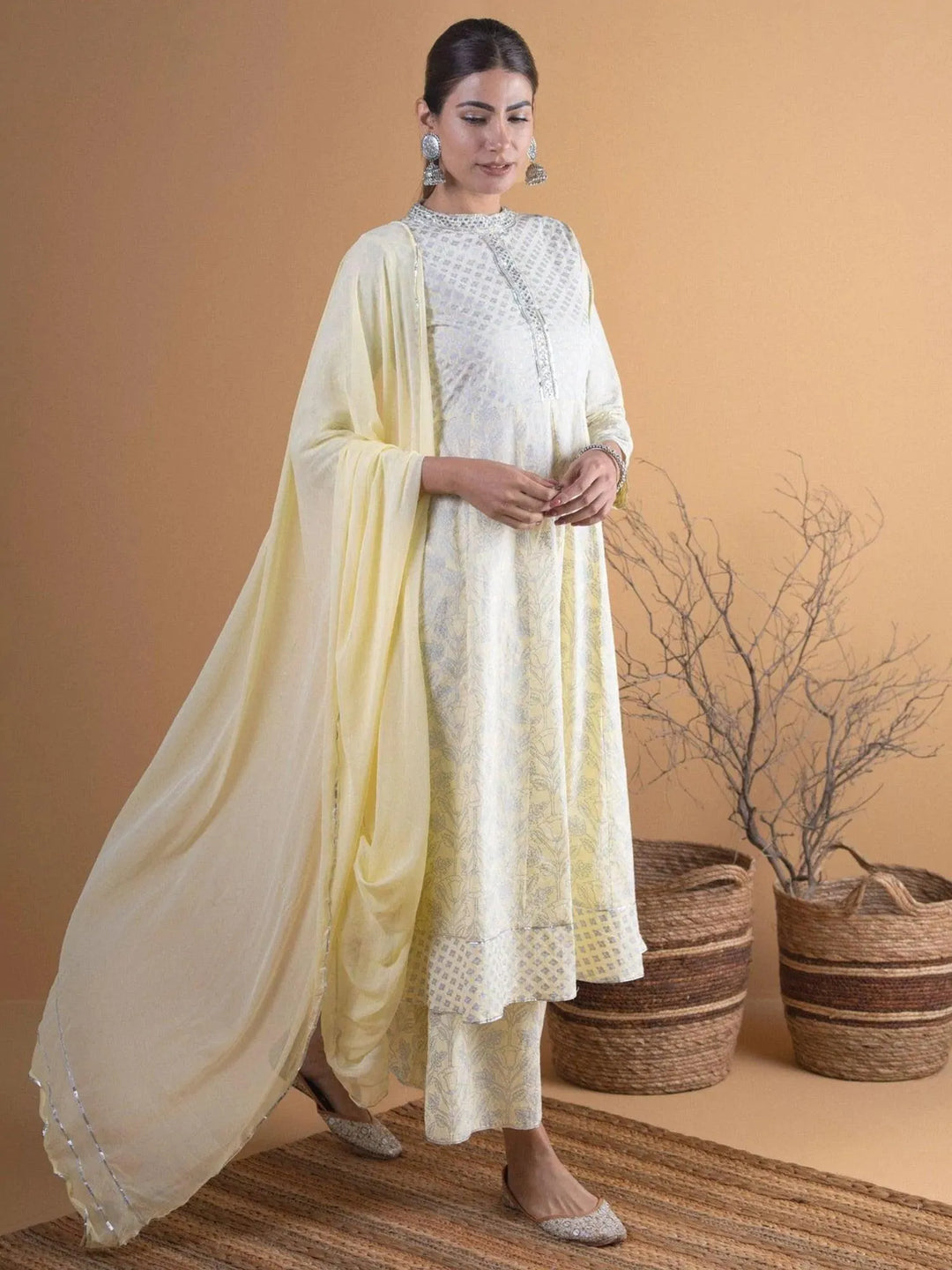 Pastel Yellow Printed Cotton Suit Set - ShopLibas