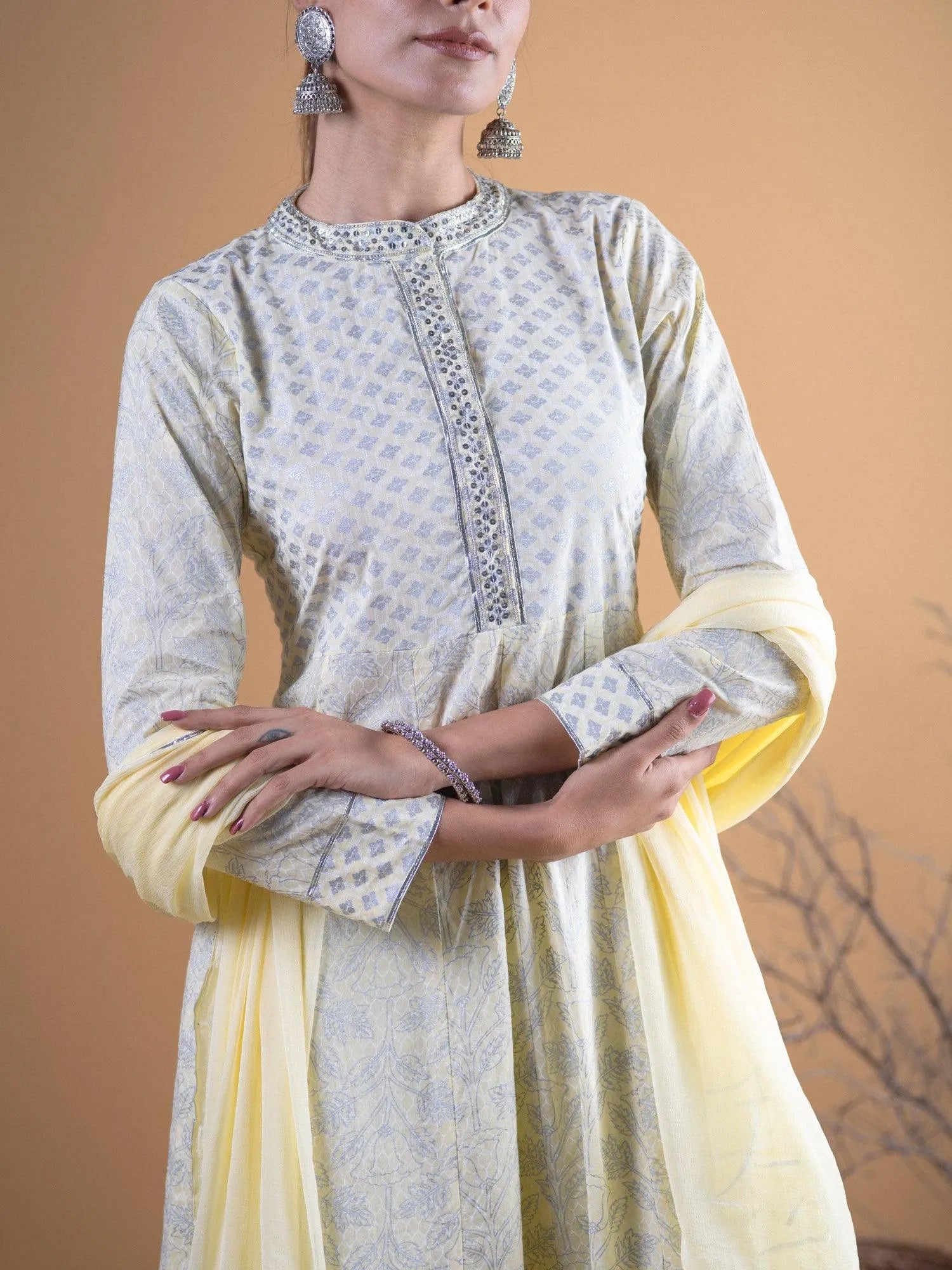 Pastel Yellow Printed Cotton Suit Set