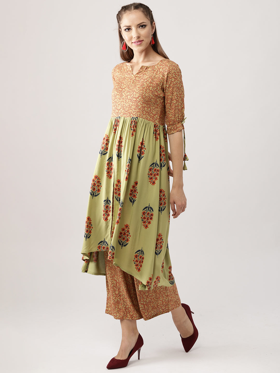 Green Printed Rayon A-Line Kurta With Palazzos