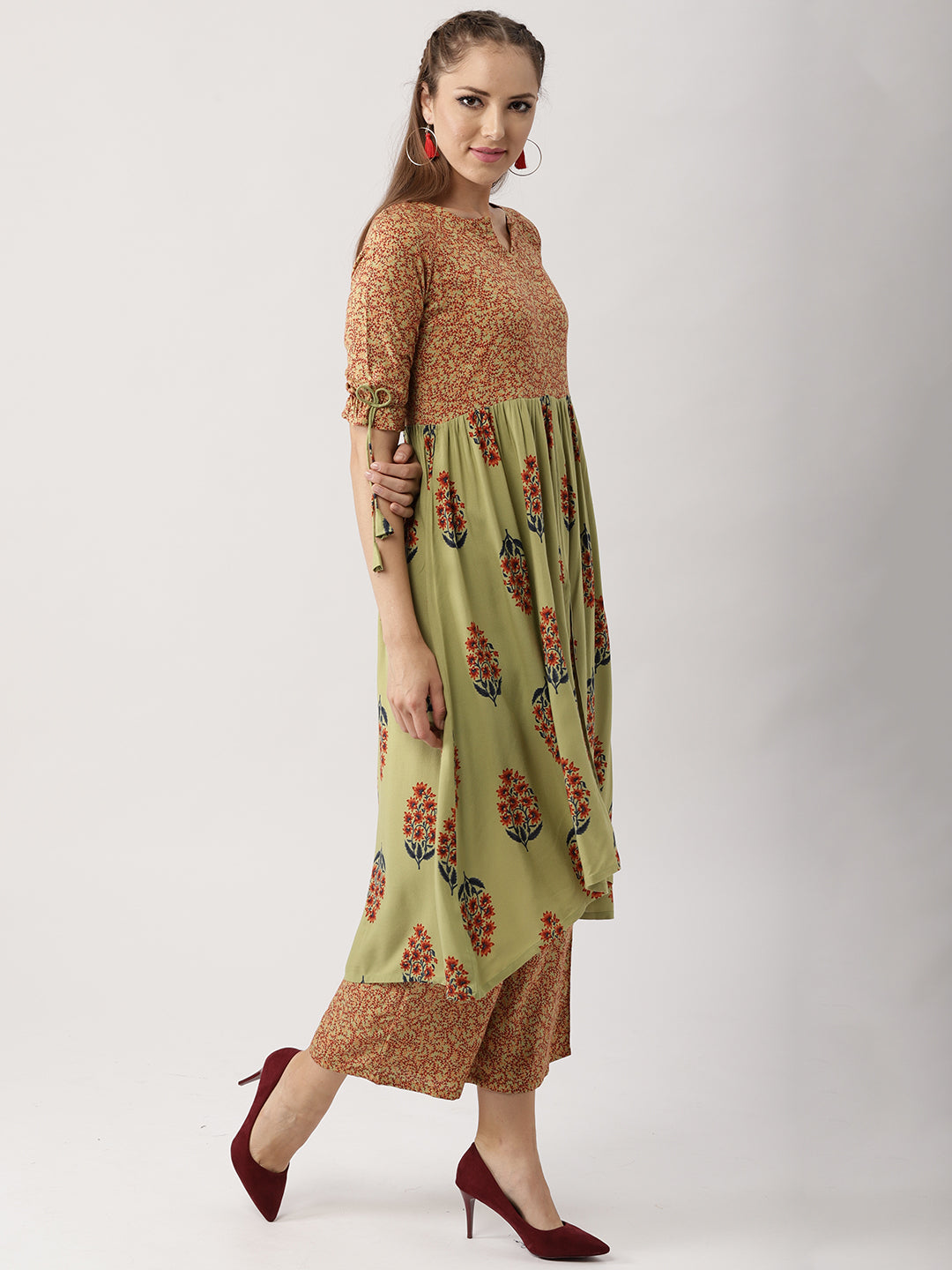 Green Printed Rayon A-Line Kurta With Palazzos