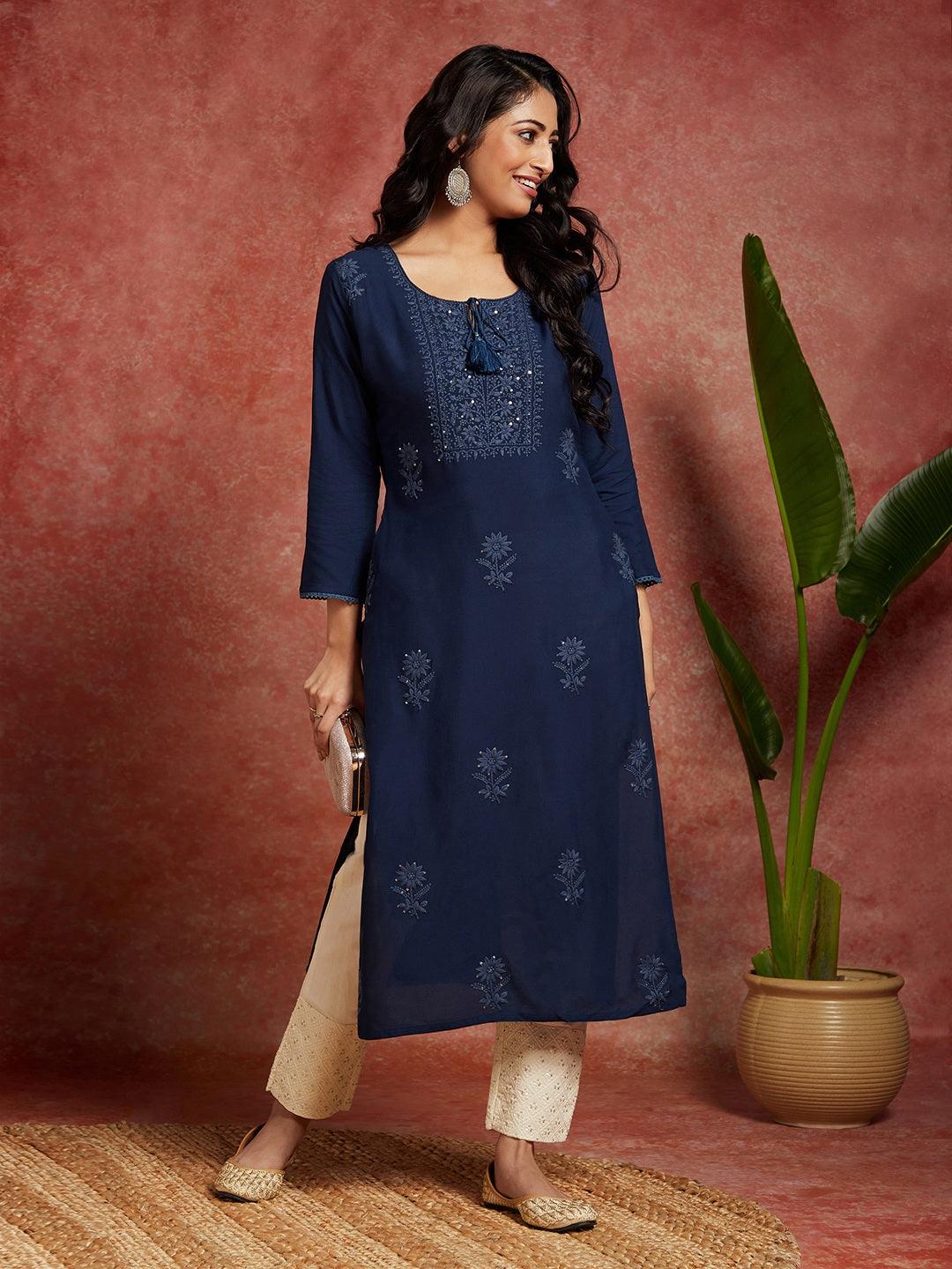 Teal Embroidered Rayon Straight Kurta