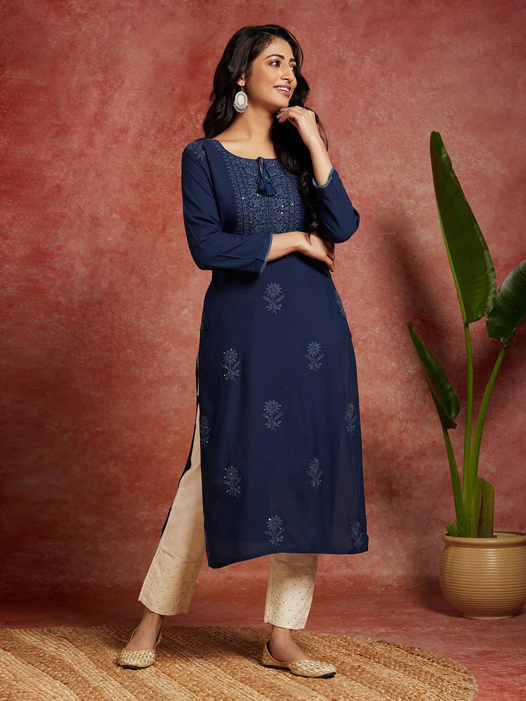 Teal Embroidered Rayon Straight Kurta