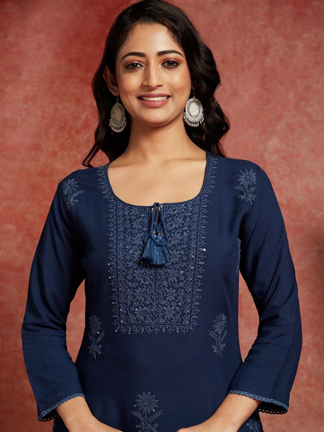 Teal Embroidered Rayon Straight Kurta