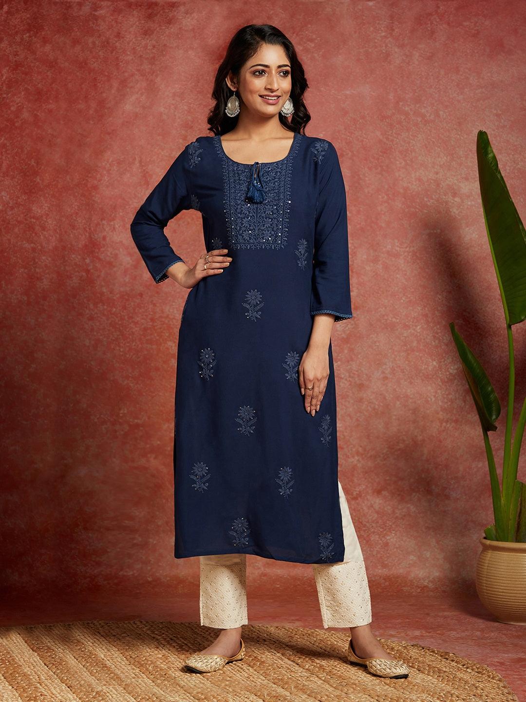 Teal Embroidered Rayon Straight Kurta