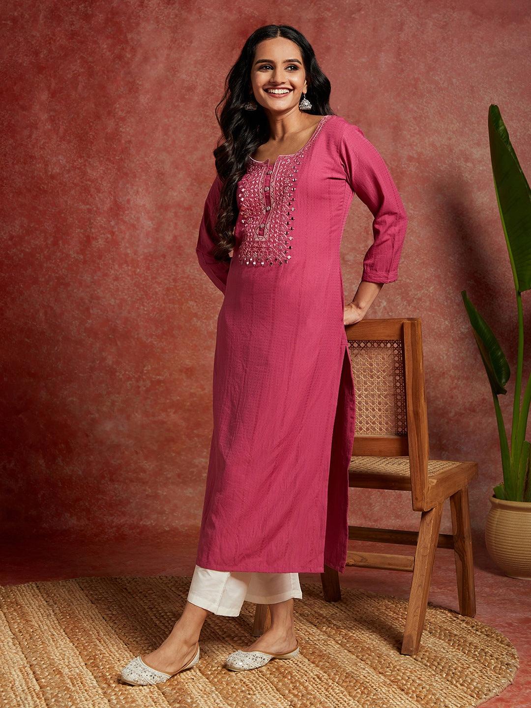 Pink Woven Design Cotton Straight Kurta