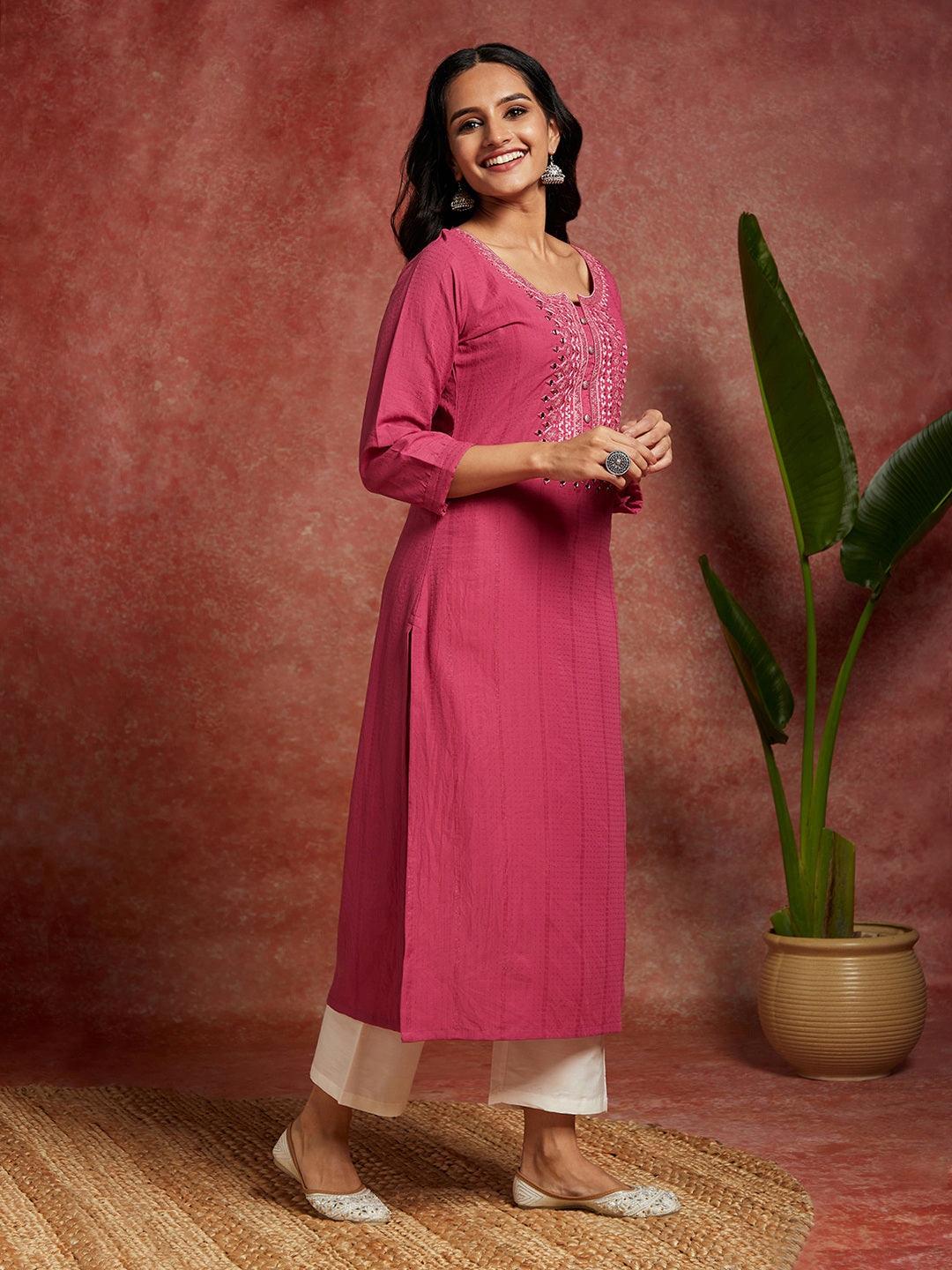 Pink Woven Design Cotton Straight Kurta