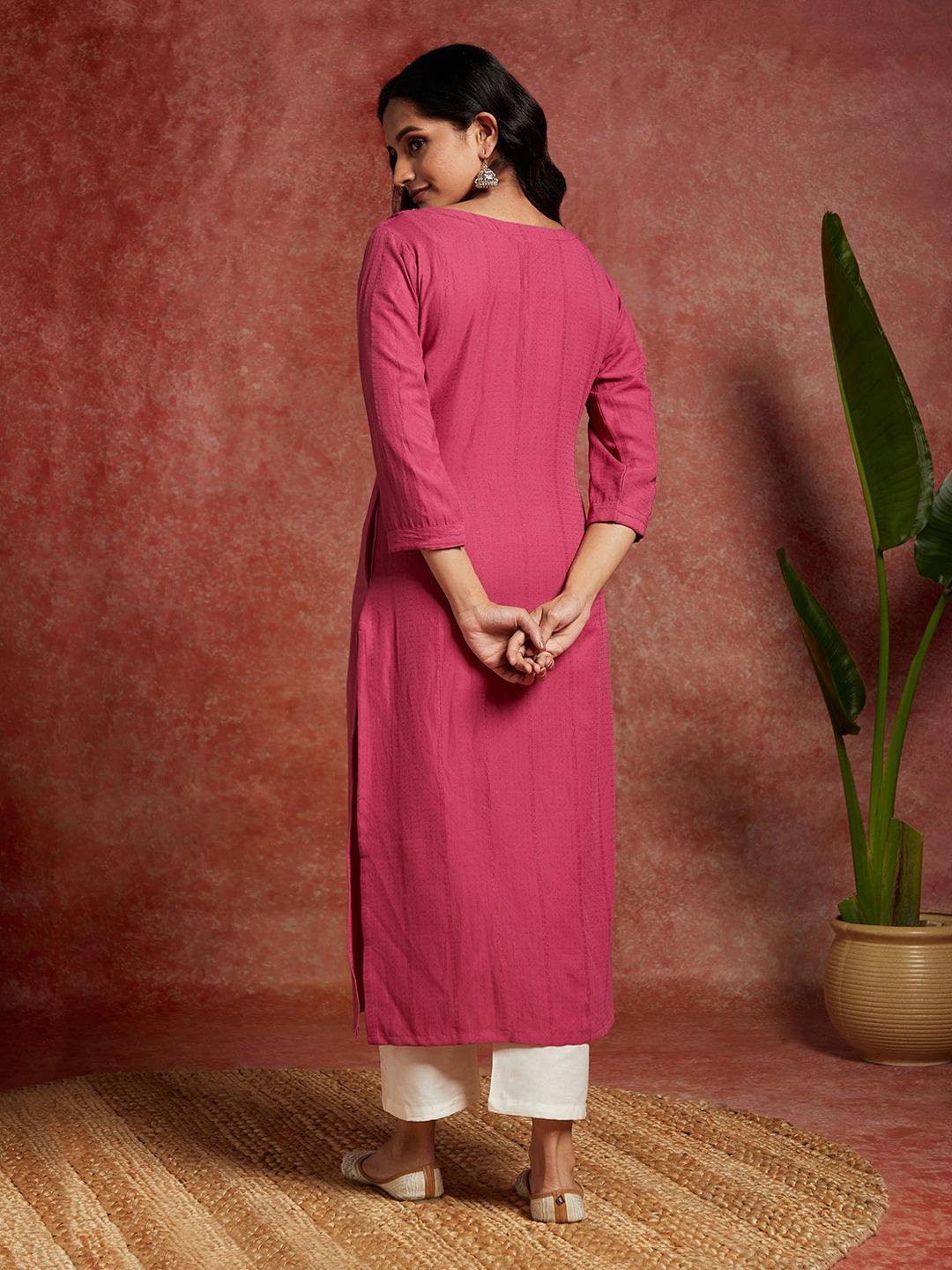 Pink Woven Design Cotton Straight Kurta