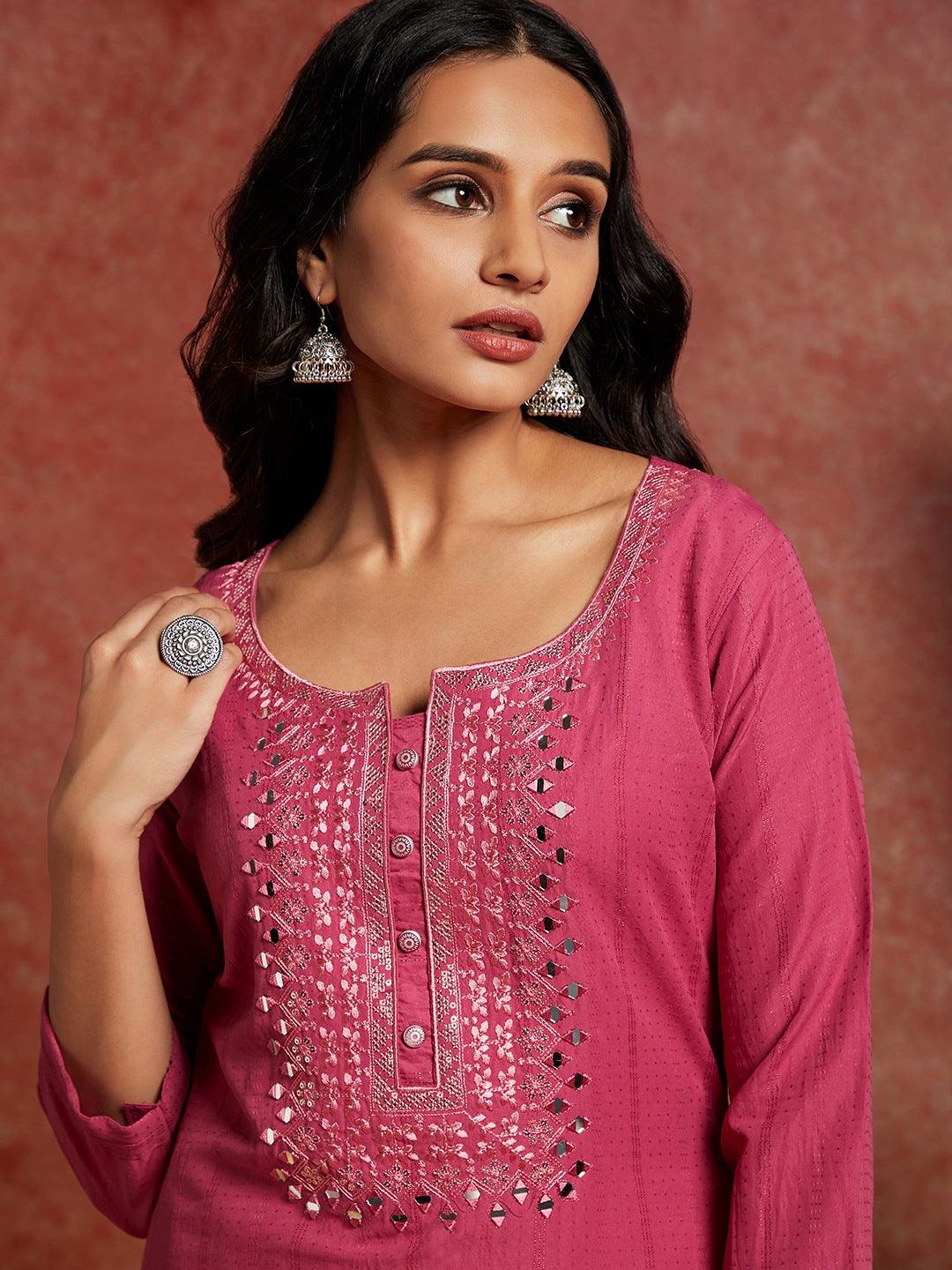 Pink Woven Design Cotton Straight Kurta