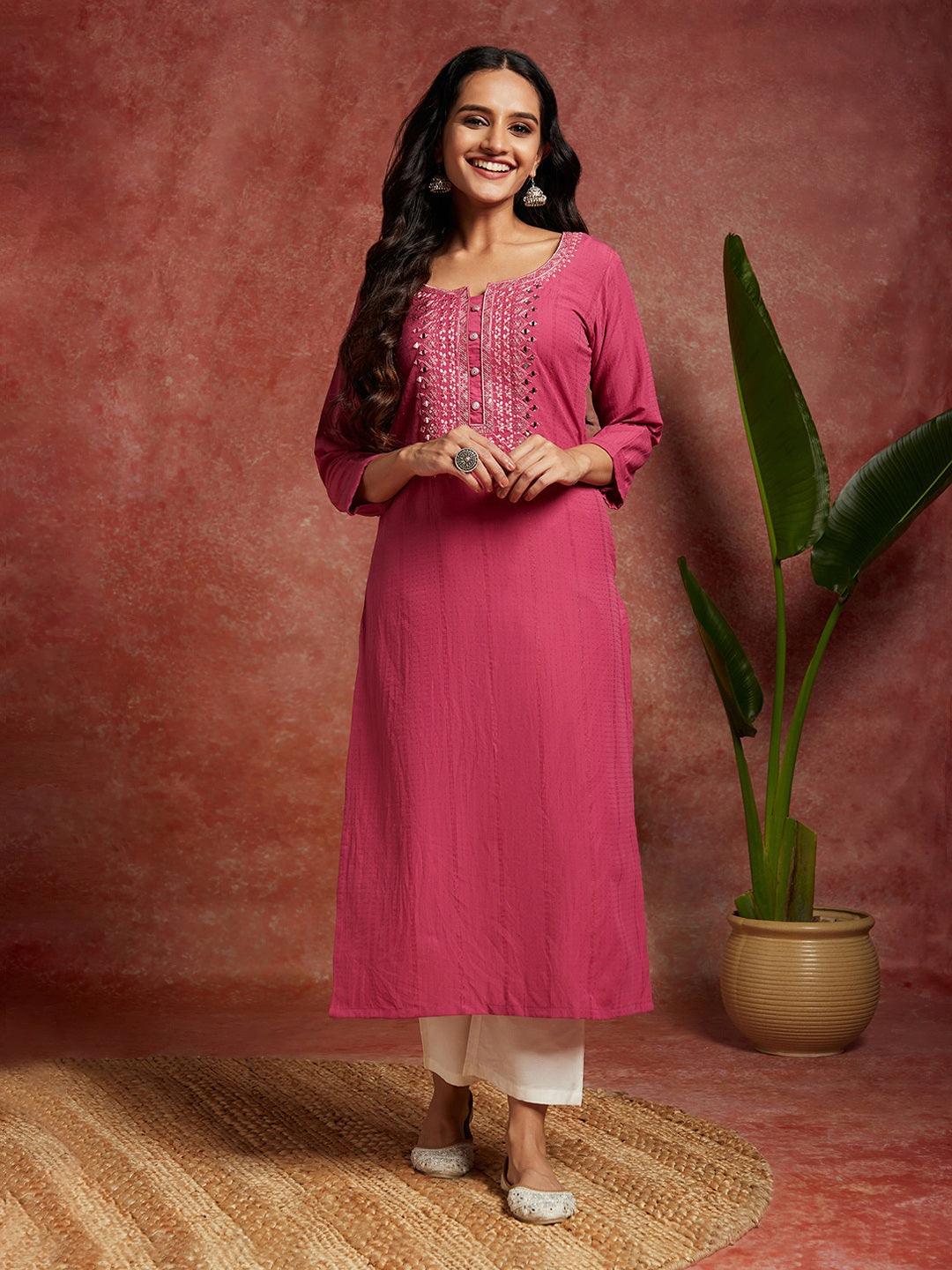 Pink Woven Design Cotton Straight Kurta