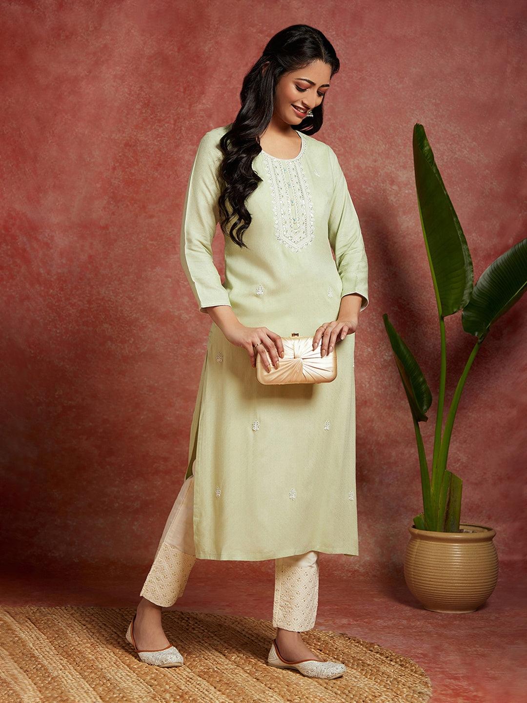 Pista Green Woven Design Rayon Straight Kurta