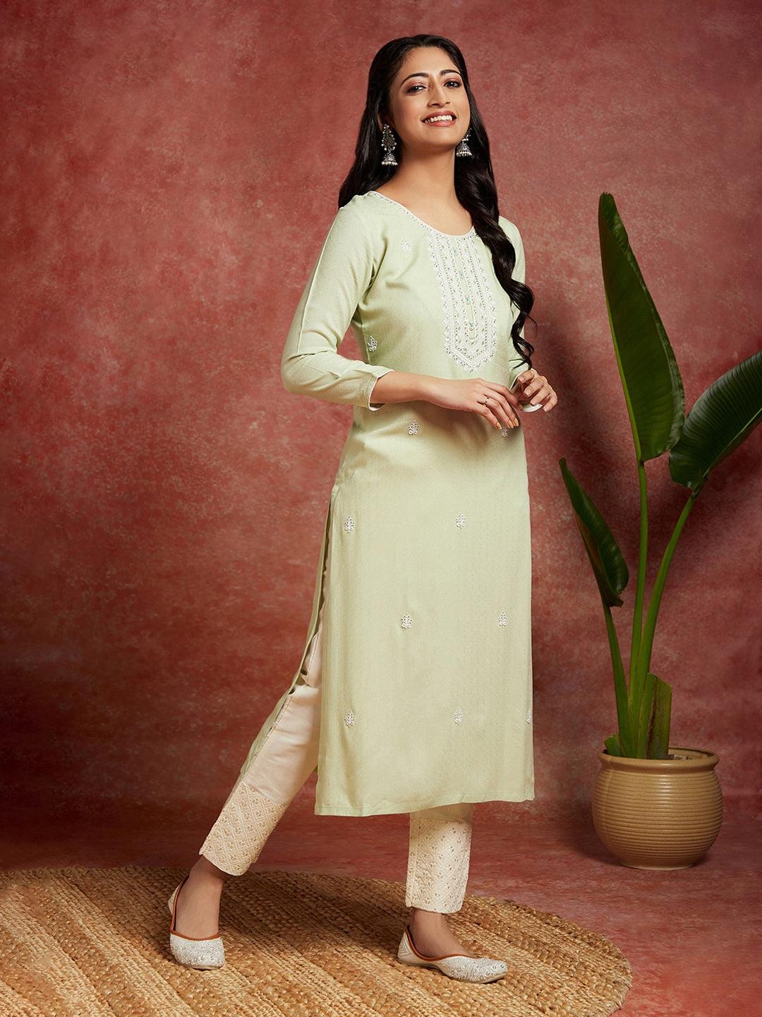 Pista Green Woven Design Rayon Straight Kurta