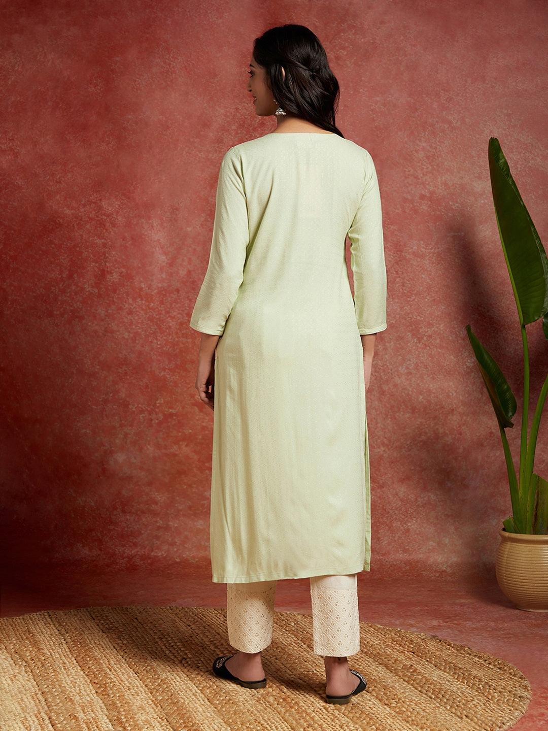 Pista Green Woven Design Rayon Straight Kurta