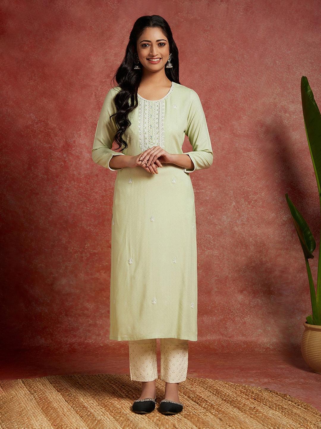 Pista Green Woven Design Rayon Straight Kurta