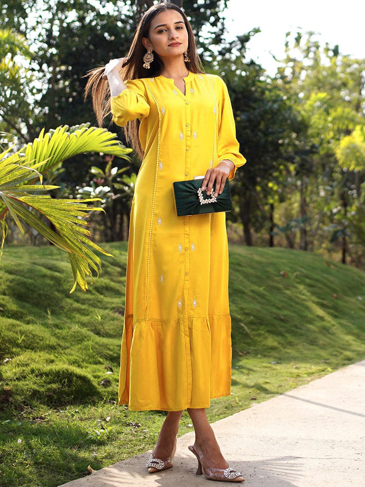 Yellow Embroidered Rayon Maxi Dress - ShopLibas