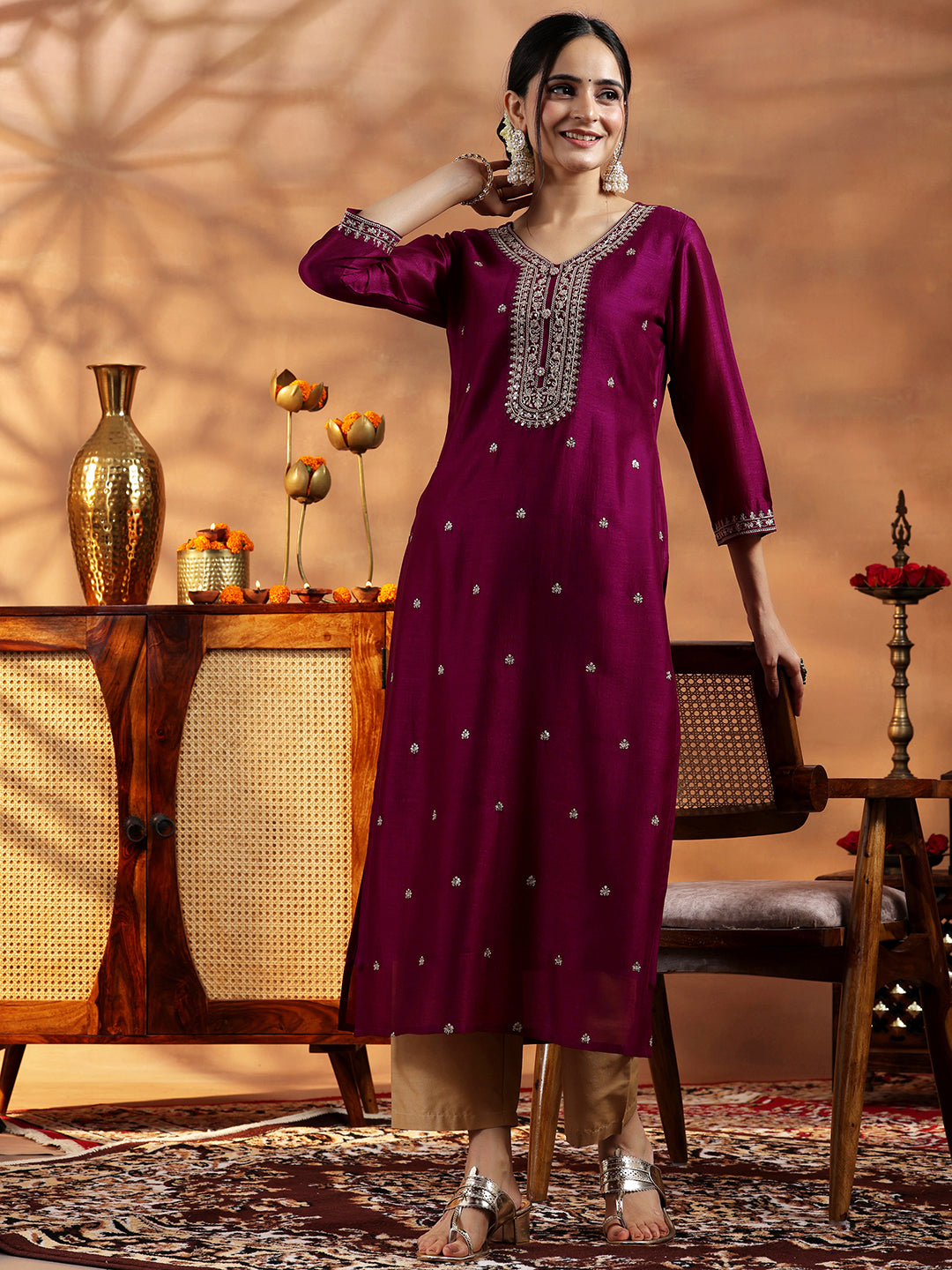 Maroon Embroidered Silk Straight Kurta