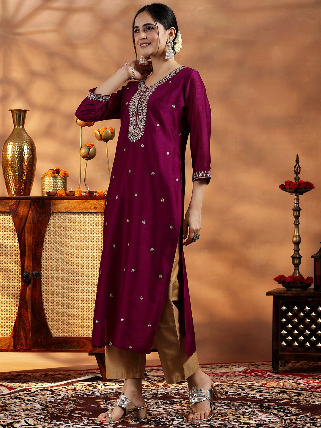 Maroon Embroidered Silk Straight Kurta