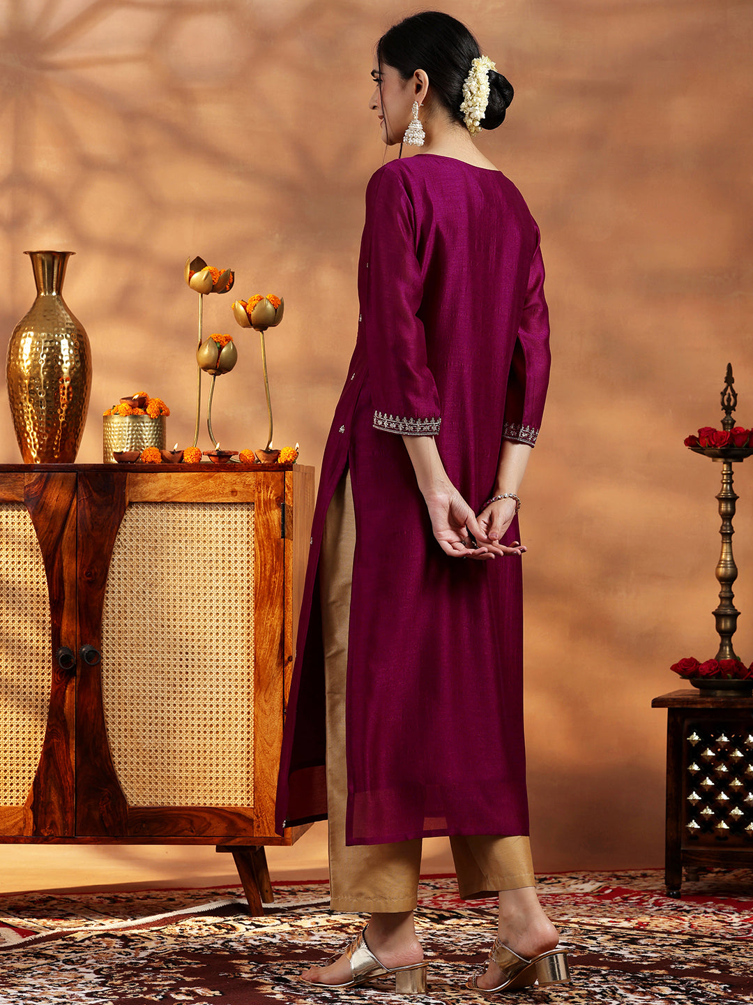 Maroon Embroidered Silk Straight Kurta