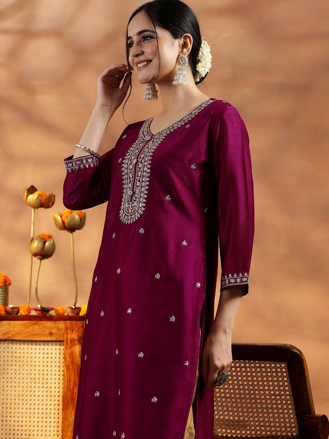 Maroon Embroidered Silk Straight Kurta